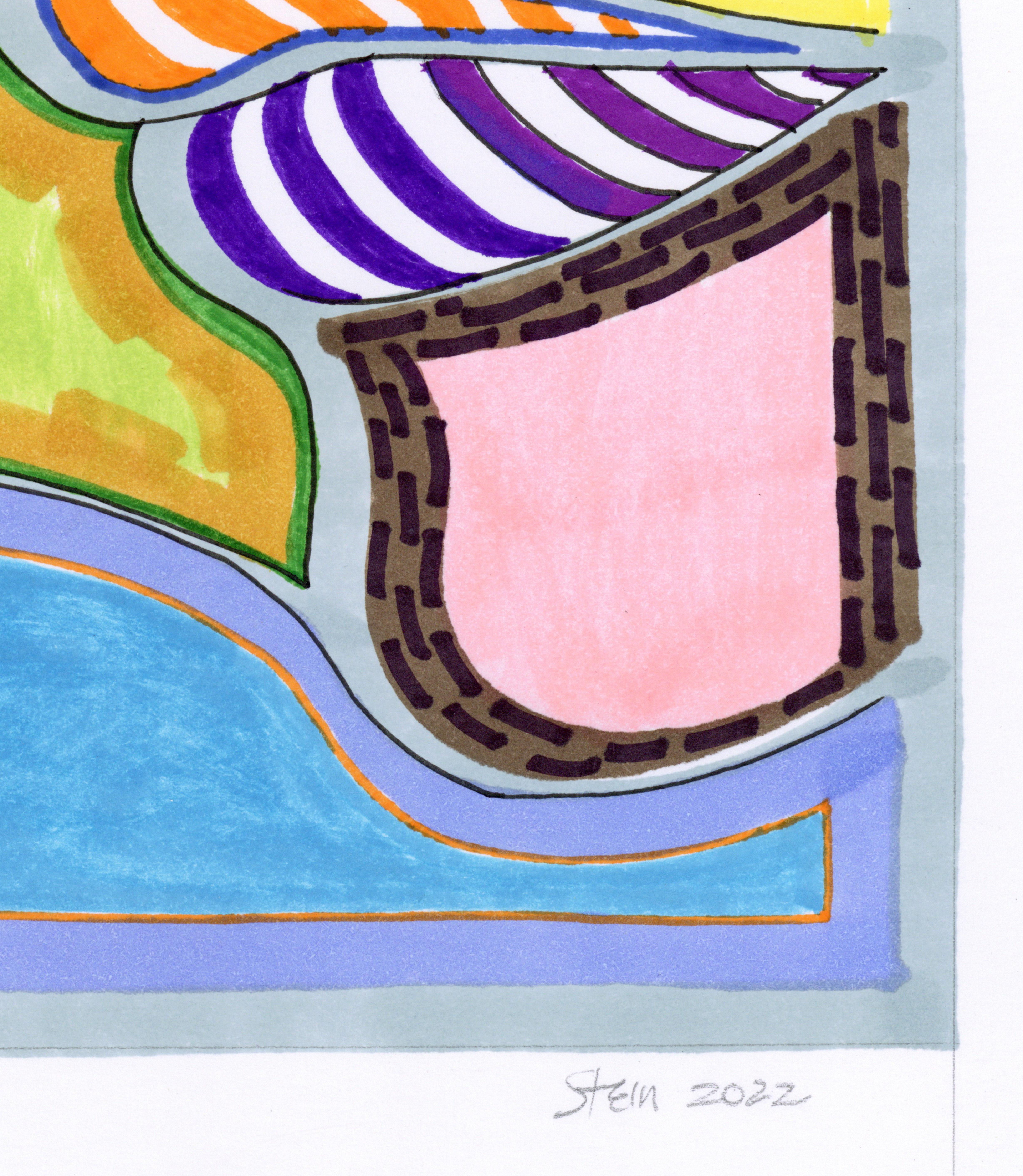Signé Feminist LGBTQ+ Colorful Ink on Board Drawing - Profile Segments 1166 - Beige Portrait par Linda Stein