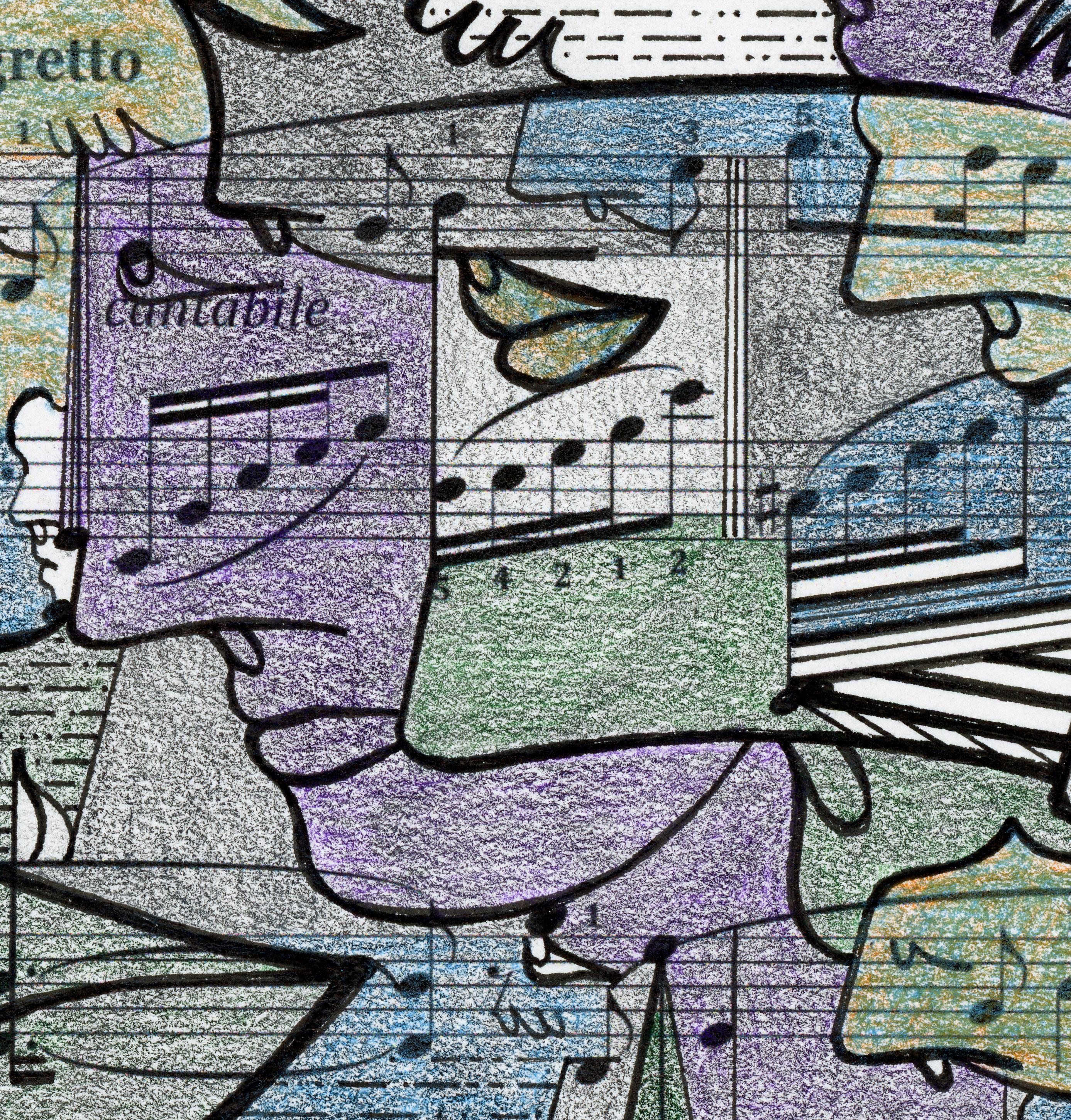 Signed Feminist LGBTQ+ Colorful Ink  on Paper Drawing - Profile Notation 418.026 - Gray Portrait by Linda Stein