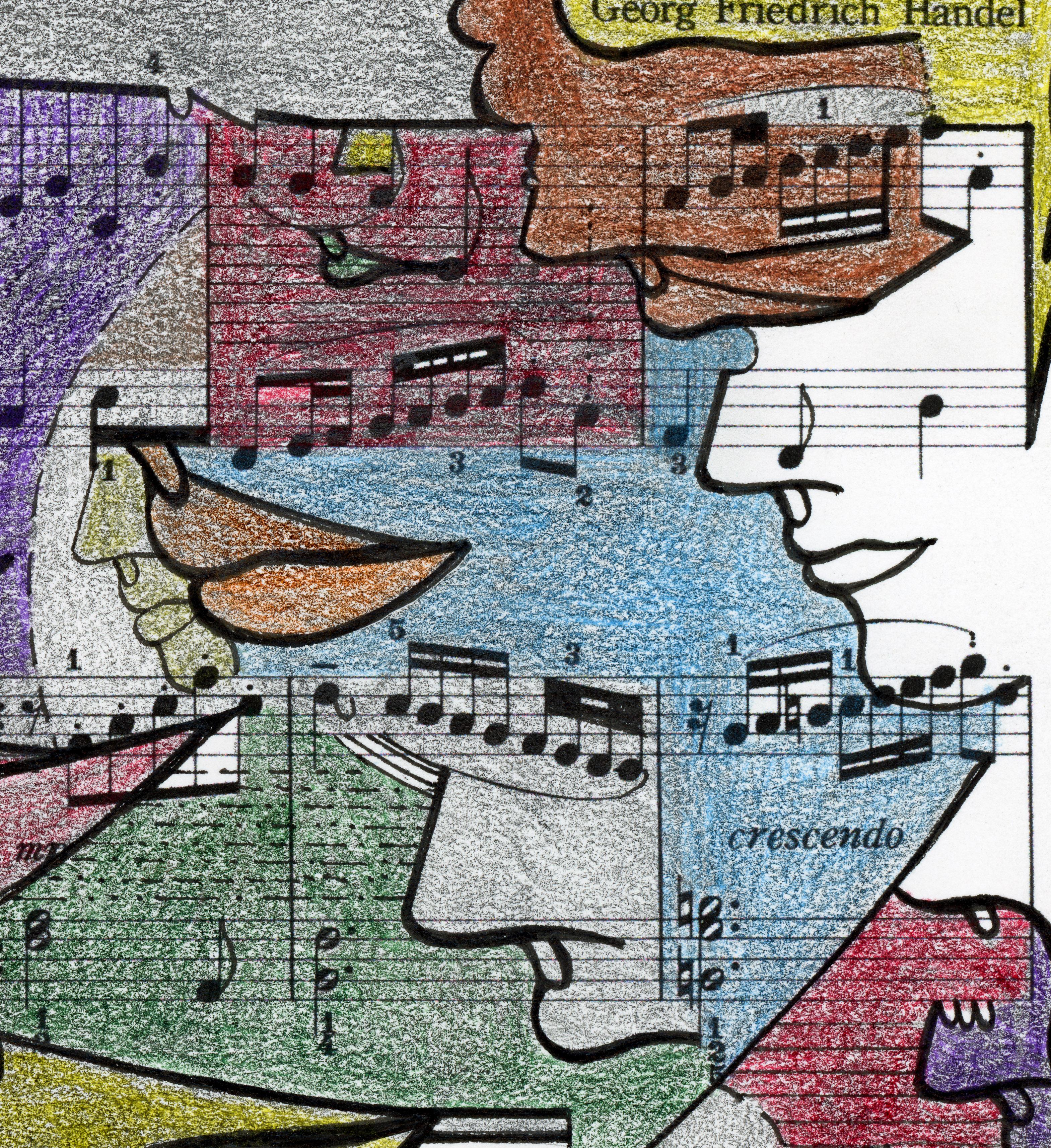 Linda Stein, Courante 418.030  - Signed Feminist LGBTQ+ Colorful Ink, Color Pencil, and Graphite on Paper Drawing 

Courante 418.030 is from Linda Stein's Profiles Notation series--drawings, collages and paintings of facial profiles she started in