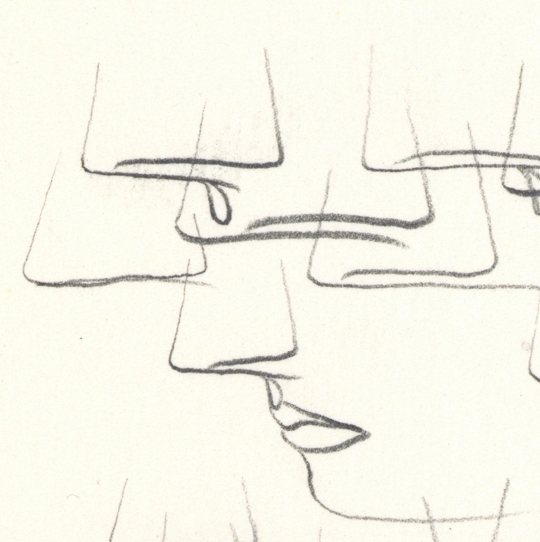 Linda Stein,  Profile Flying 446.101 - Signed Feminist LGBTQ+ Graphite on Paper Drawing 

Profile Flying 446.101 is from Linda Stein's Profiles series--drawings, collages and paintings of facial profiles she made in the 1960s and 1970s when she was