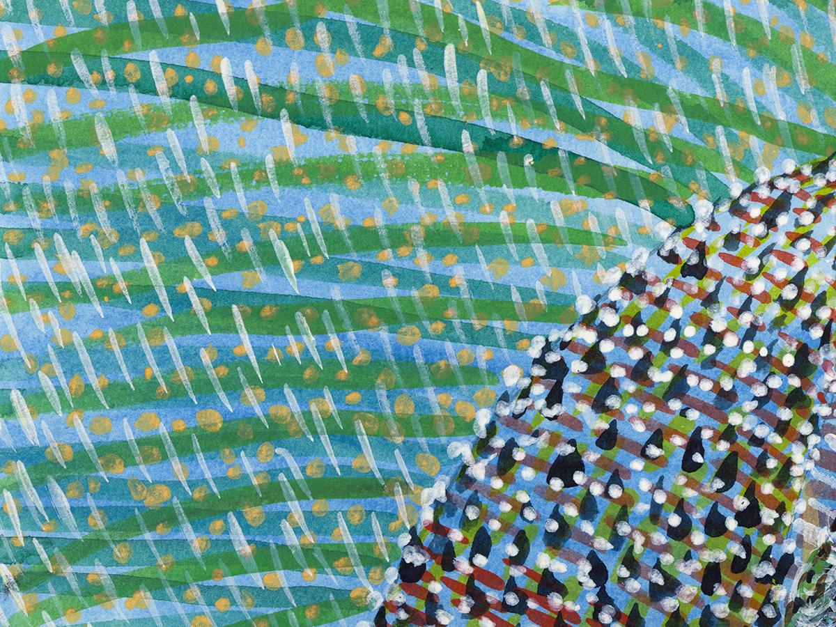 Watercolor on paper, impressionist, colorful, green - Blade Vibration 247 - Art by Linda Stein