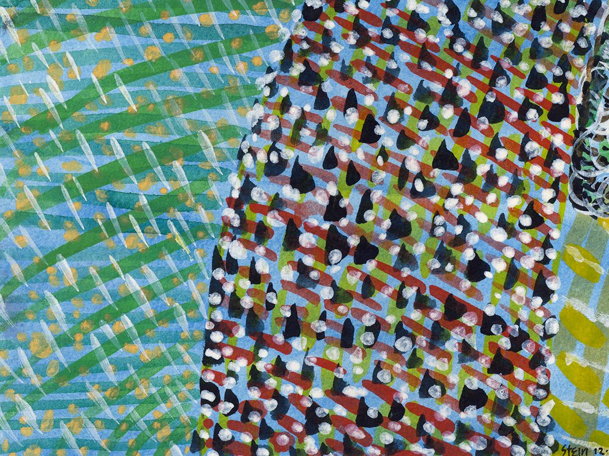 Watercolor on paper, impressionist, colorful, green - Blade Vibration 247 - Gray Abstract Drawing by Linda Stein