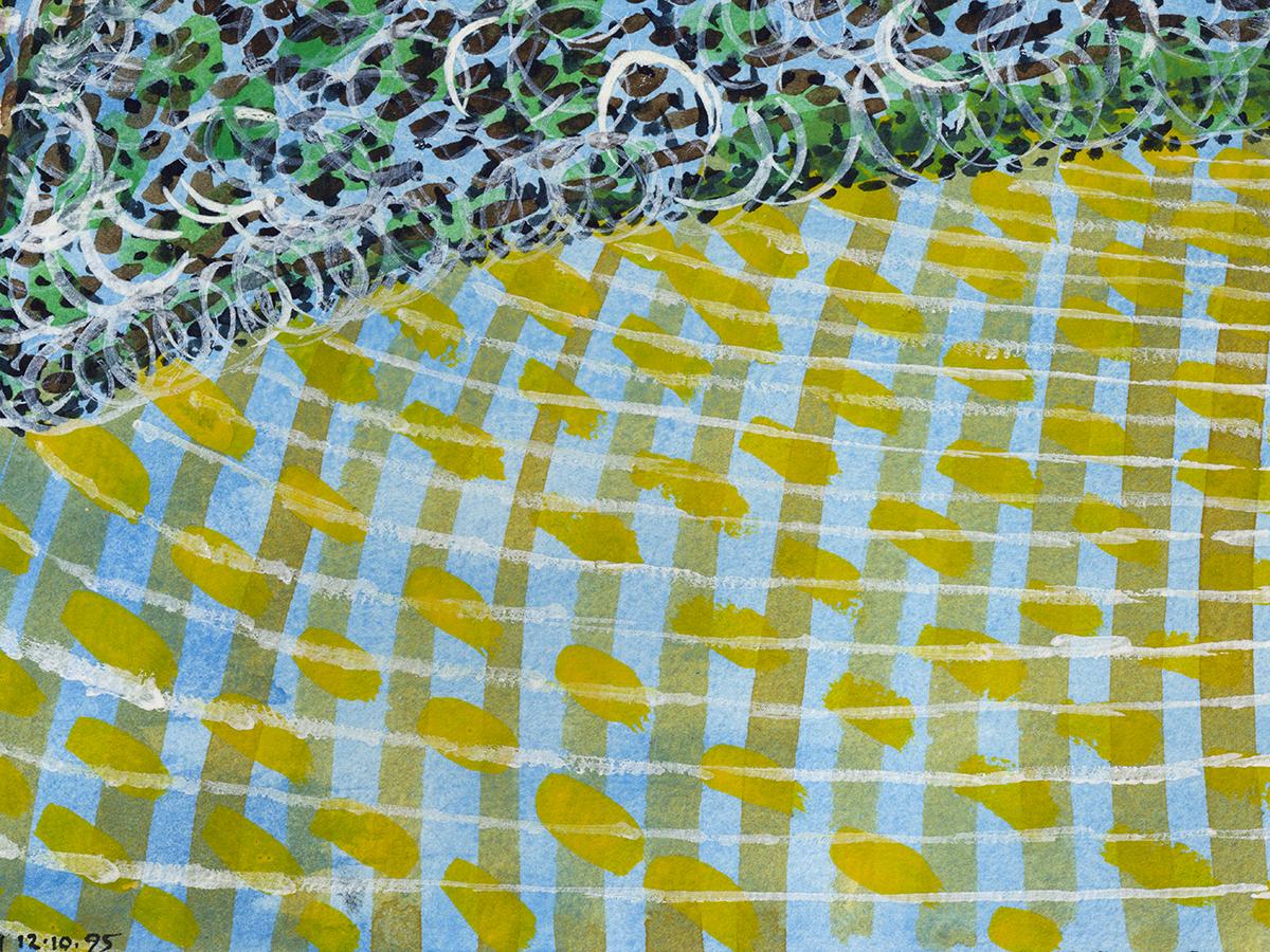 Linda Stein, Blade Vibration 247 - Watercolor on paper, impressionist, colorful, green 

In the 1990s Linda Stein began to work on a series called Blades, sculptural works that incorporated machete blades. She hand-dulled her machete blades, bent