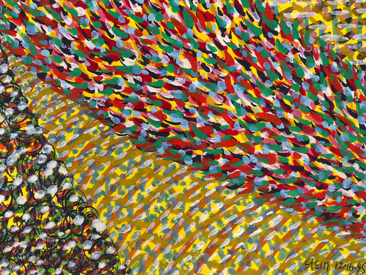 Linda Stein, Alive Again 250  - Acrylique sur papier, impressionniste, coloré, jaune, rouge 

Dans les années 1990, Linda Stein a commencé à travailler sur une série intitulée Blades, des œuvres sculpturales qui incorporaient des lames de machette.