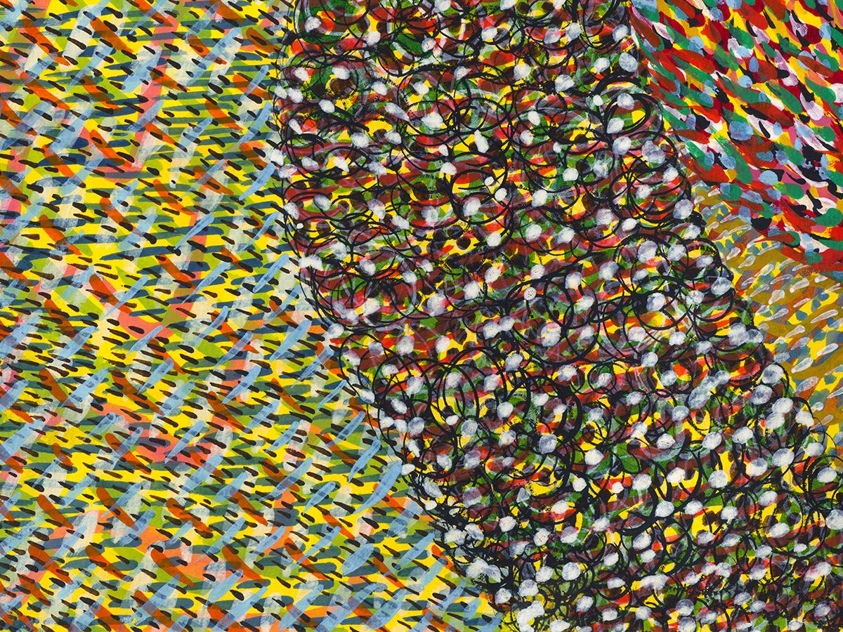 Acrylique sur papier, impressionniste, colorée, jaunes, rouges - Alive Again 250 - Marron Figurative Art par Linda Stein