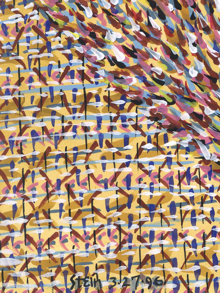 Acrylic on paper, impressionist, colorful, yellows, pinks - Blade Vibration 276 - Brown Abstract Drawing by Linda Stein