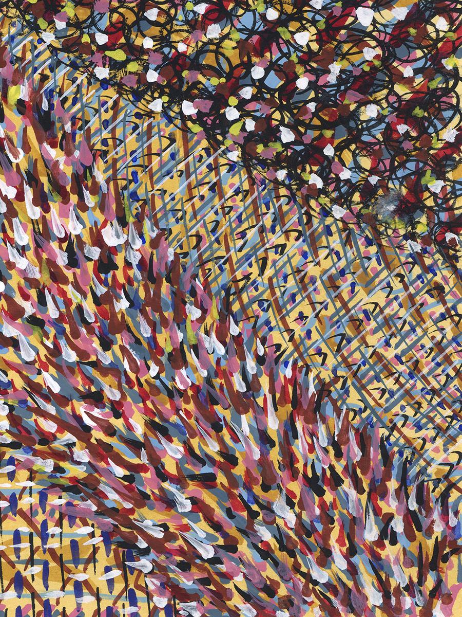 Linda Stein, Blade Vibration 276  - Acrylic on paper, impressionist, colorful, yellows, reds 

In the 1990s Linda Stein began to work on a series called Blades, sculptural works that incorporated machete blades. She hand-dulled her machete blades,