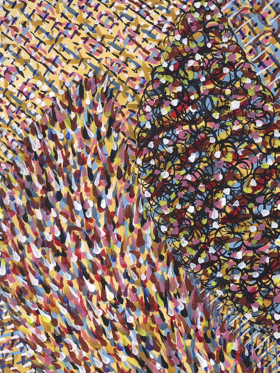 Acrylic on paper, impressionist, colorful, yellows, pinks - Blade Vibration 276 - Art by Linda Stein