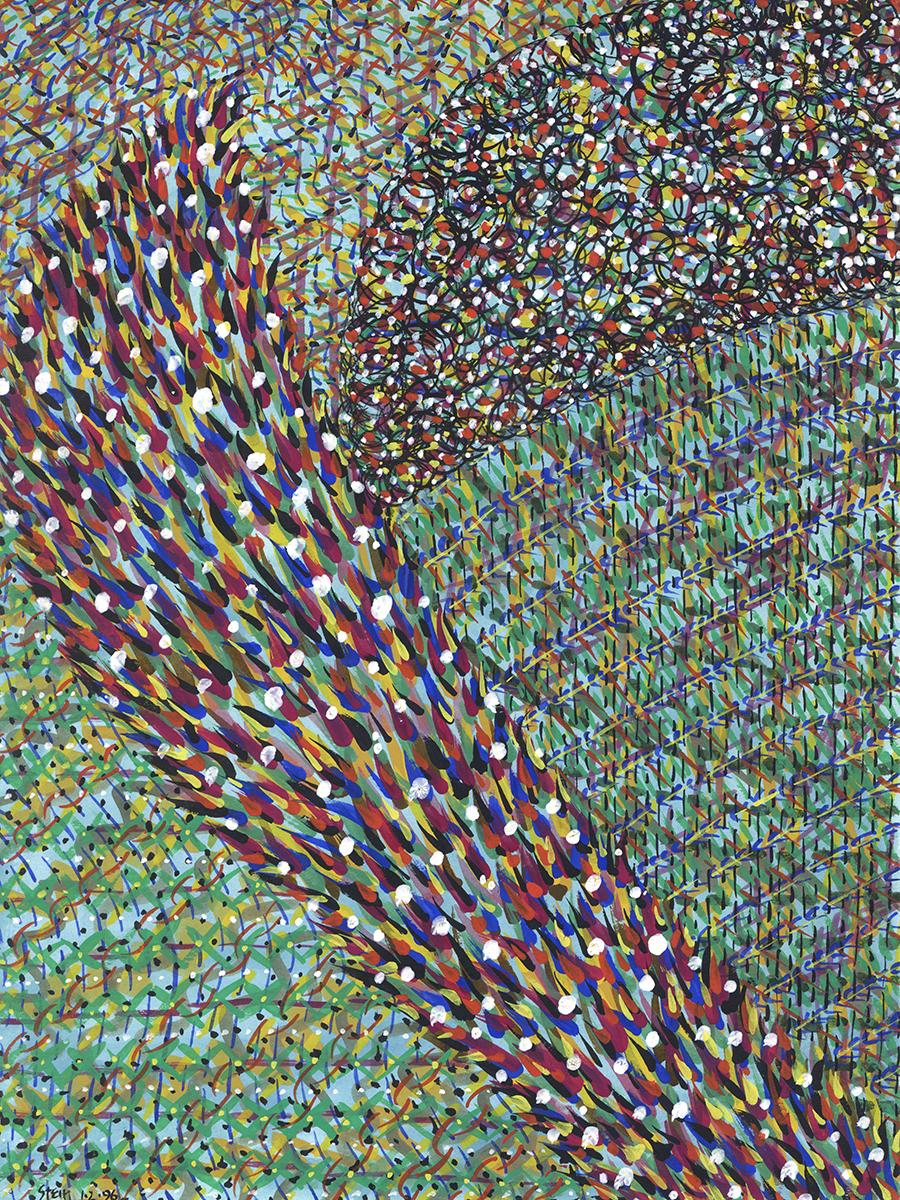 Linda Stein Figurative Art - Acrylic on paper, impressionist, colorful, greens, blues - Breaking Rules 712