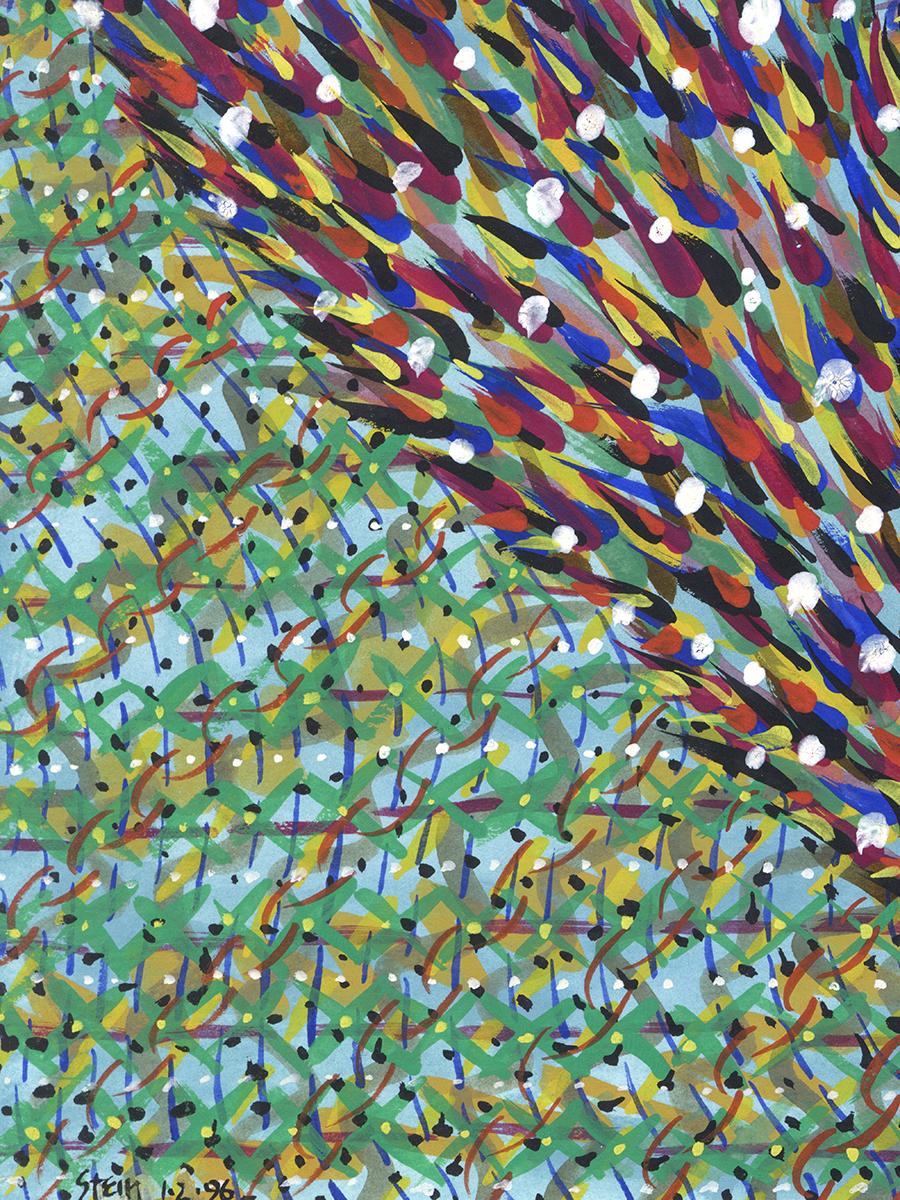 Acrylic on paper, impressionist, colorful, greens, blues - Breaking Rules 712 - Gray Figurative Art by Linda Stein