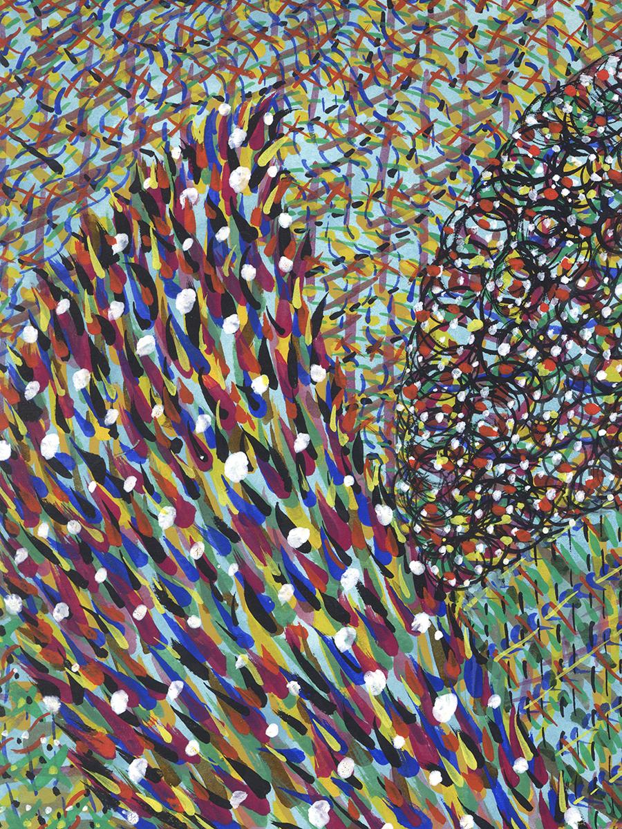 Acrylic on paper, impressionist, colorful, greens, blues - Breaking Rules 712 - Art by Linda Stein