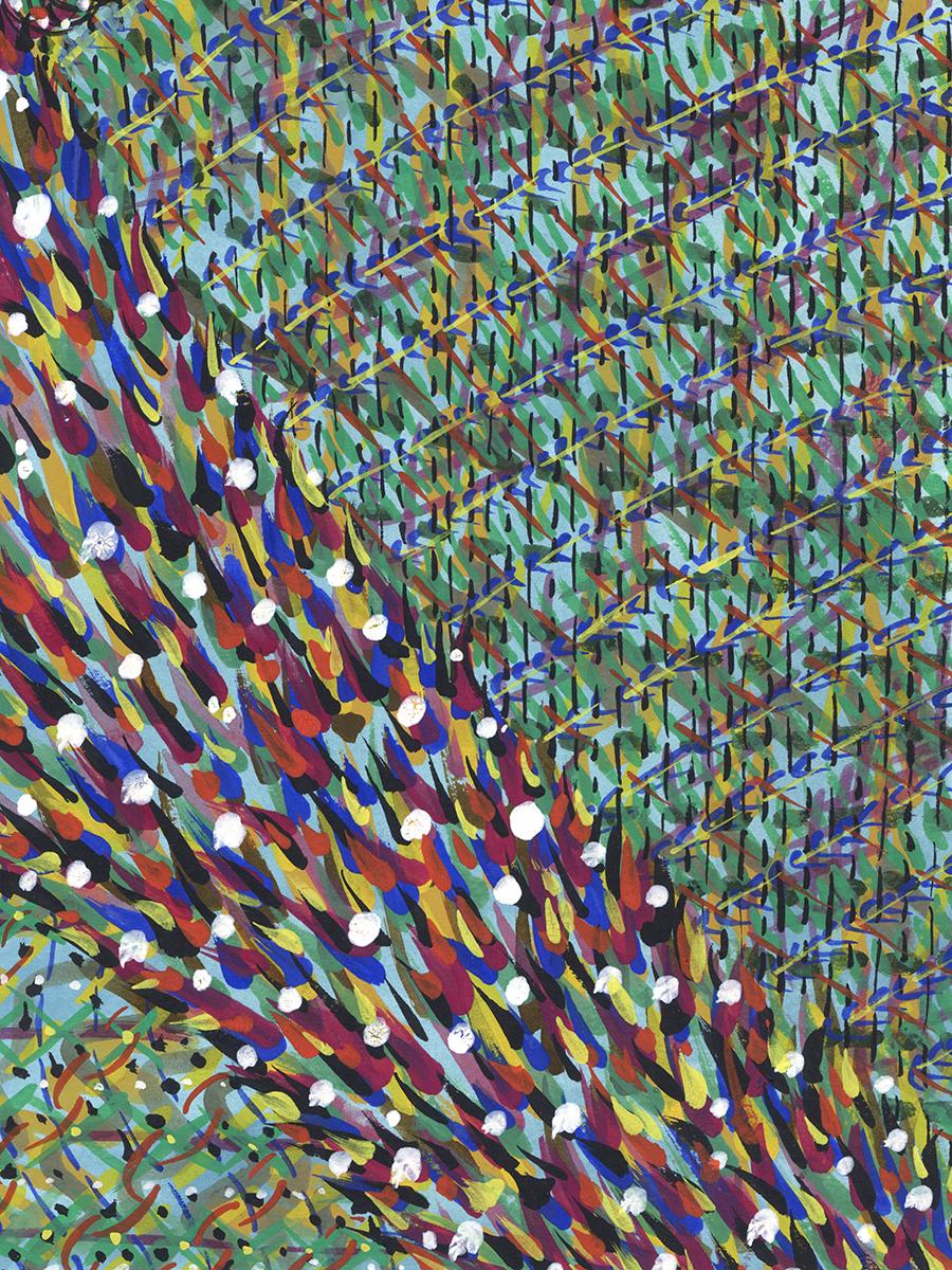 Linda Stein, Breaking Rules 712  - Acrylic on paper, impressionist, colorful, yellows, reds 

In the 1990s Linda Stein began to work on a series called Blades, sculptural works that incorporated machete blades. She hand-dulled her machete blades,