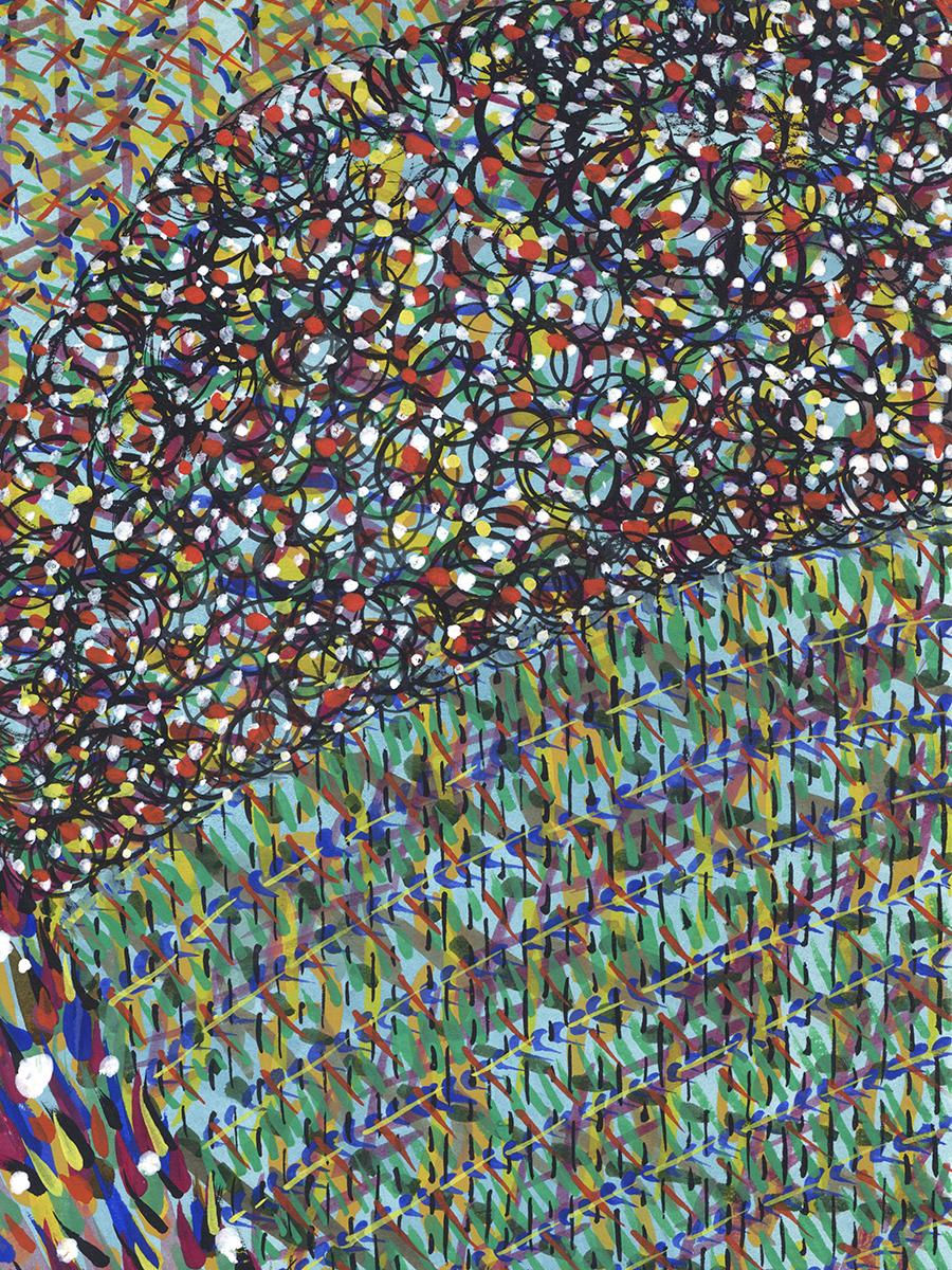 Acrylic on paper, impressionist, colorful, greens, blues - Breaking Rules 712 - Feminist Art by Linda Stein