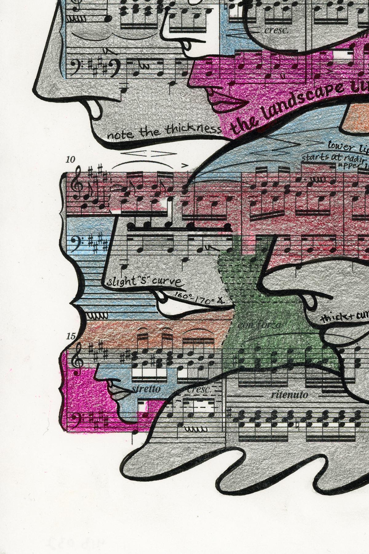 Linda Stein, Etude Op. 10 No. 418.032  - Signed Feminist LGBTQ+ Colorful Ink, Color Pencil, and Graphite on Paper Drawing 

Etude Op. 10 No. 418.032 is from Linda Stein's Profiles Notation series--drawings, collages and paintings of facial profiles