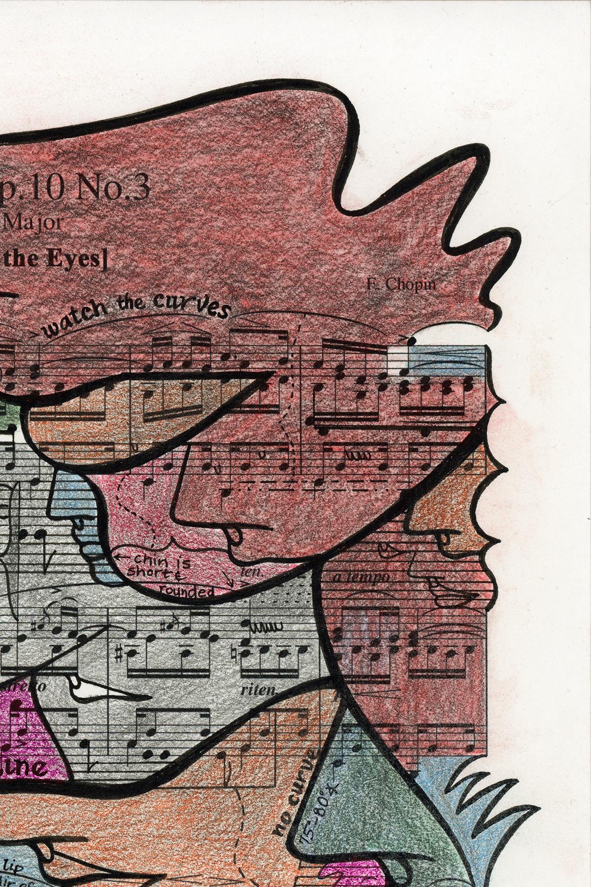 Signed Feminist LGBTQ+ Colorful Ink on Paper Drawing - Etude Op. 10 No. 418.032 - Gray Figurative Art by Linda Stein