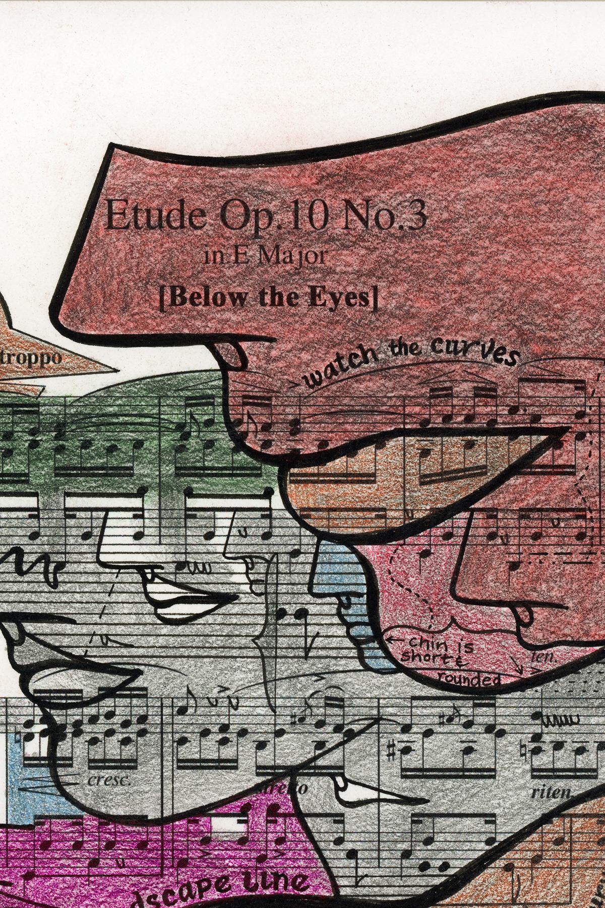 Signed Feminist LGBTQ+ Colorful Ink on Paper Drawing - Etude Op. 10 No. 418.032 For Sale 2