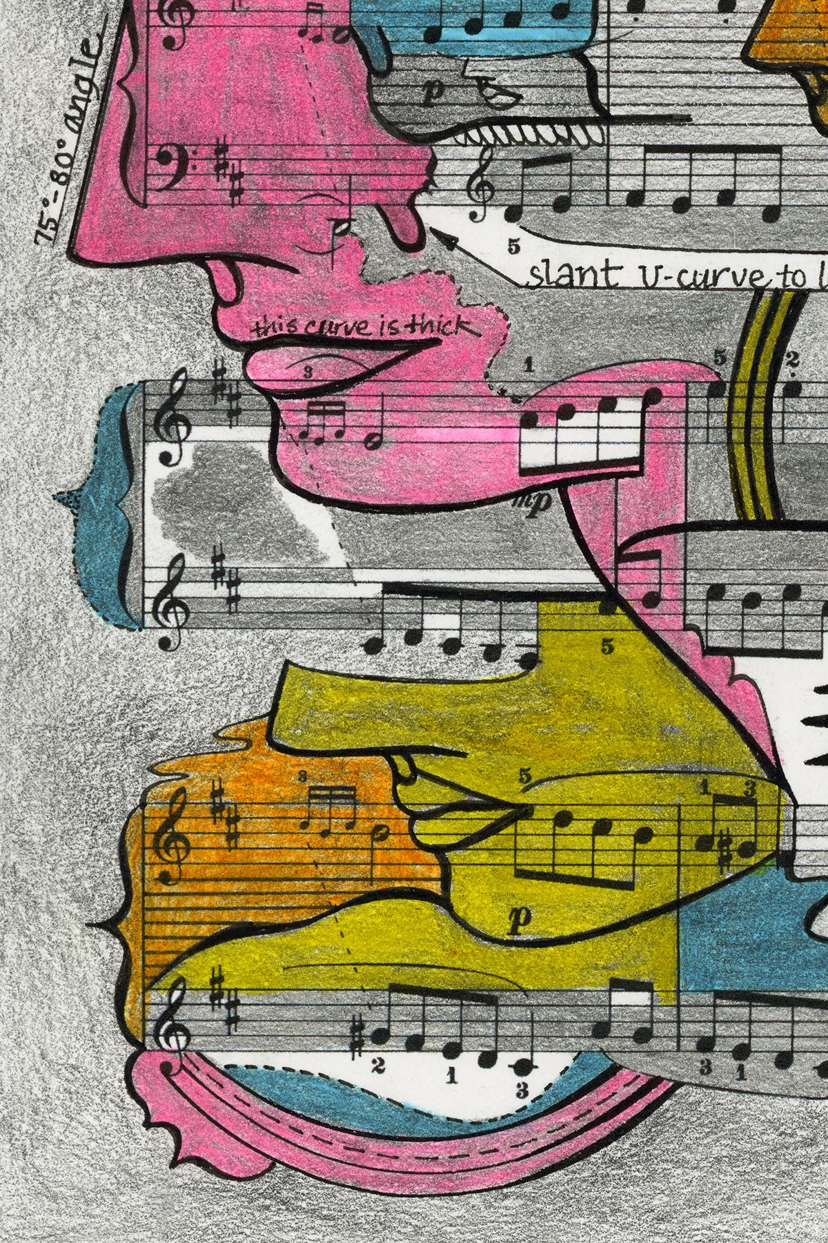 Linda Stein, La Joyeuse 418.033  - Signed Feminist LGBTQ+ Colorful Ink, Color Pencil, and Graphite on Paper Drawing 

La Joyeuse 418.033 is from Linda Stein's Profiles Notation series--drawings, collages and paintings of facial profiles she started