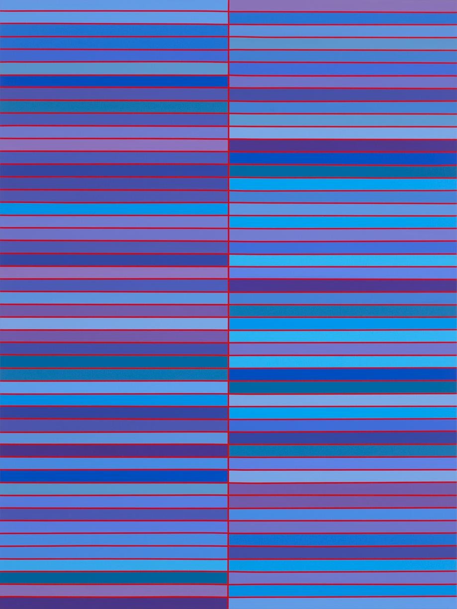 John Guthrie Abstract Painting - "Blue Blood" Geometric Pattern Painting in Blue and Purple 