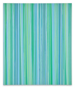 "Spring Snow" Contemporary Striped Painting in Blue and Green  