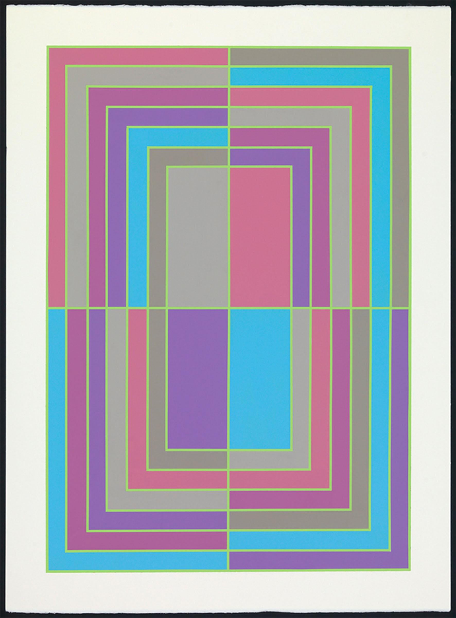 John Guthrie Abstract Painting - "Persona II" Geometric Pattern Painting in Sky Blue, Purple, and Pink 