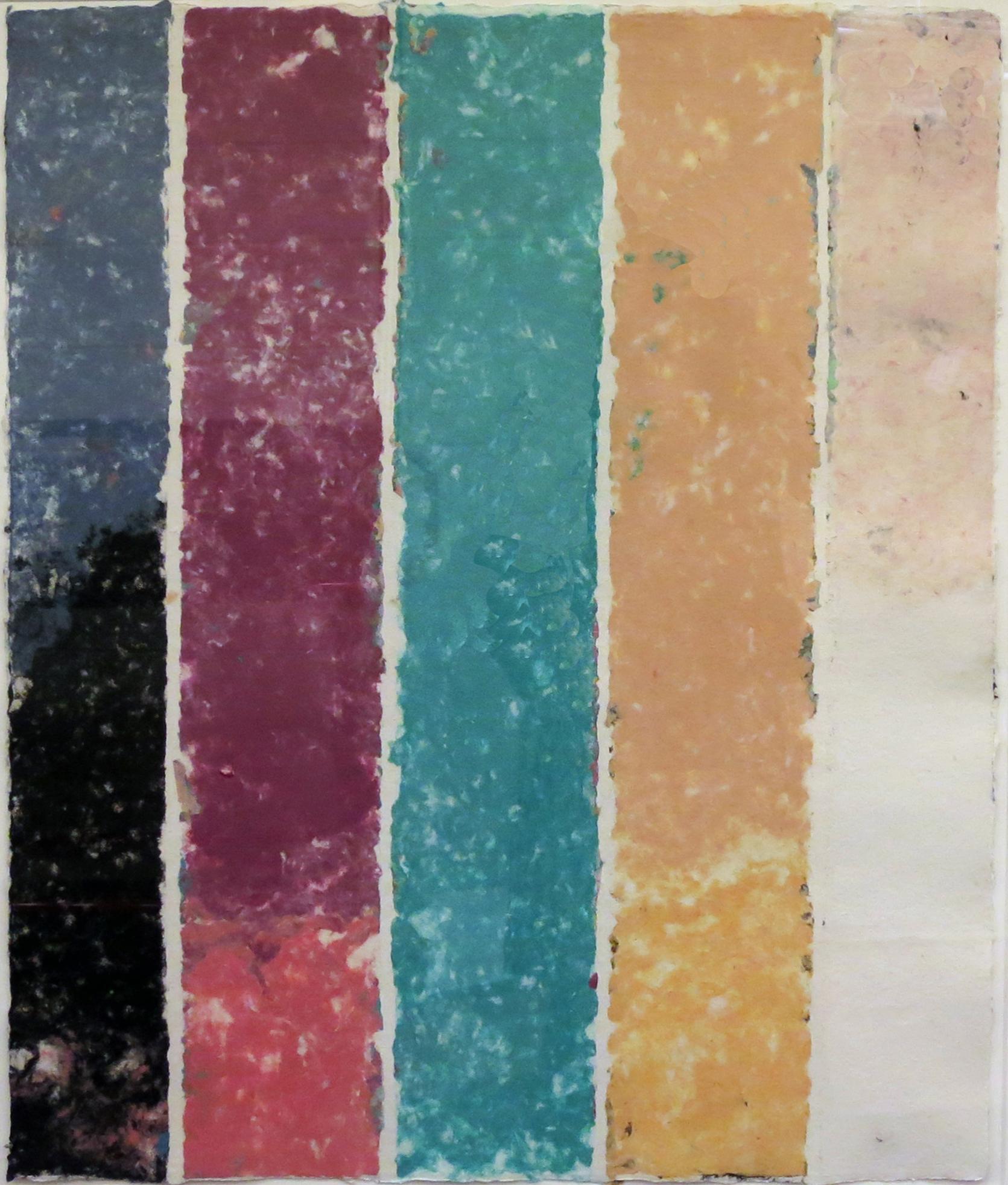 This work is unique and part of a series of striped works all titled with the prefix "PK" followed by a dash and a number. It is composed of five layers of colored pressed paper pulp and was created at Tyler Graphics in Bedford, New York. Noland is
