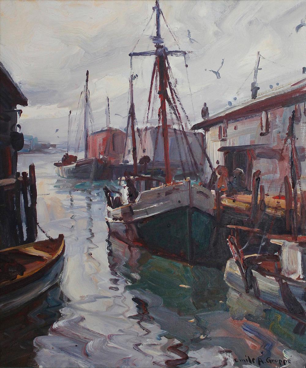"Gloucester Harbor" met en évidence la maîtrise de la peinture à l
huile et de la composition de Gruppe, ainsi que son don pour capturer l
essence d
un lieu par de larges coups de pinceau impressionnistes. Nous sommes instantanément immergés dans la