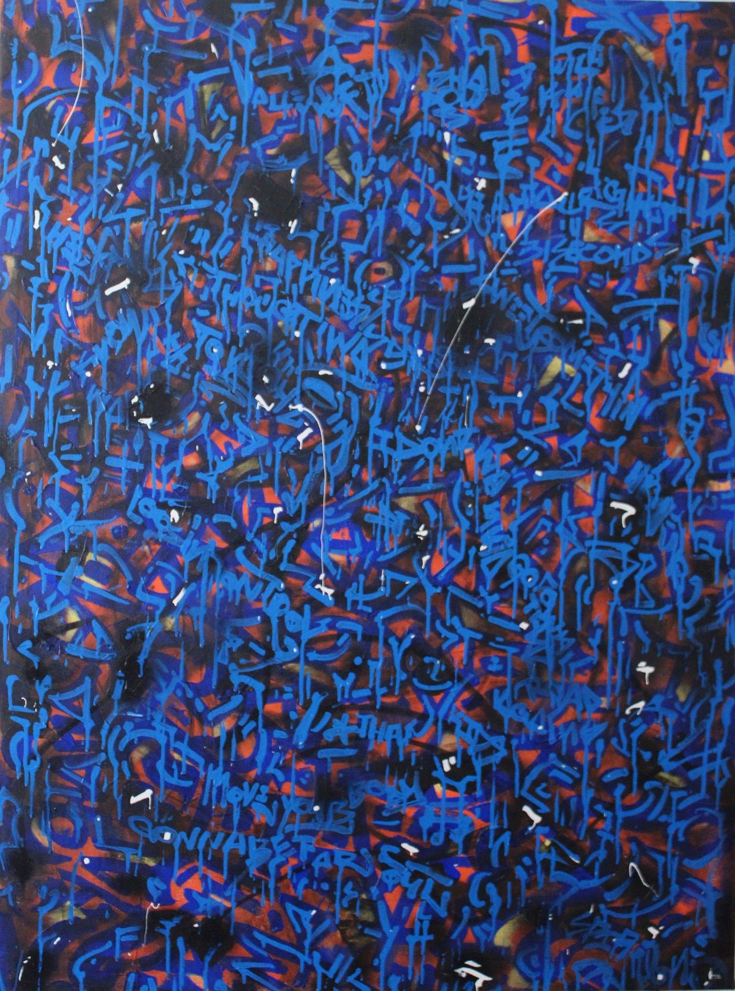 Matthew Spire Abstract Painting - "Water Over Fire", Graffiti and Street Art Painting with Blue Text