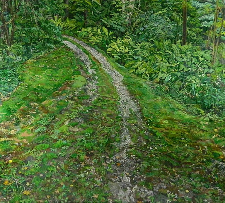 Beautiful oil painting by Ellen Altfest featuring the cropped, highly detailed rendering for which she is so widely known. Immersed in a vibrant palette of bright green, Altfest brings the viewer to a unpaved roadway overgrown with grass and weeds