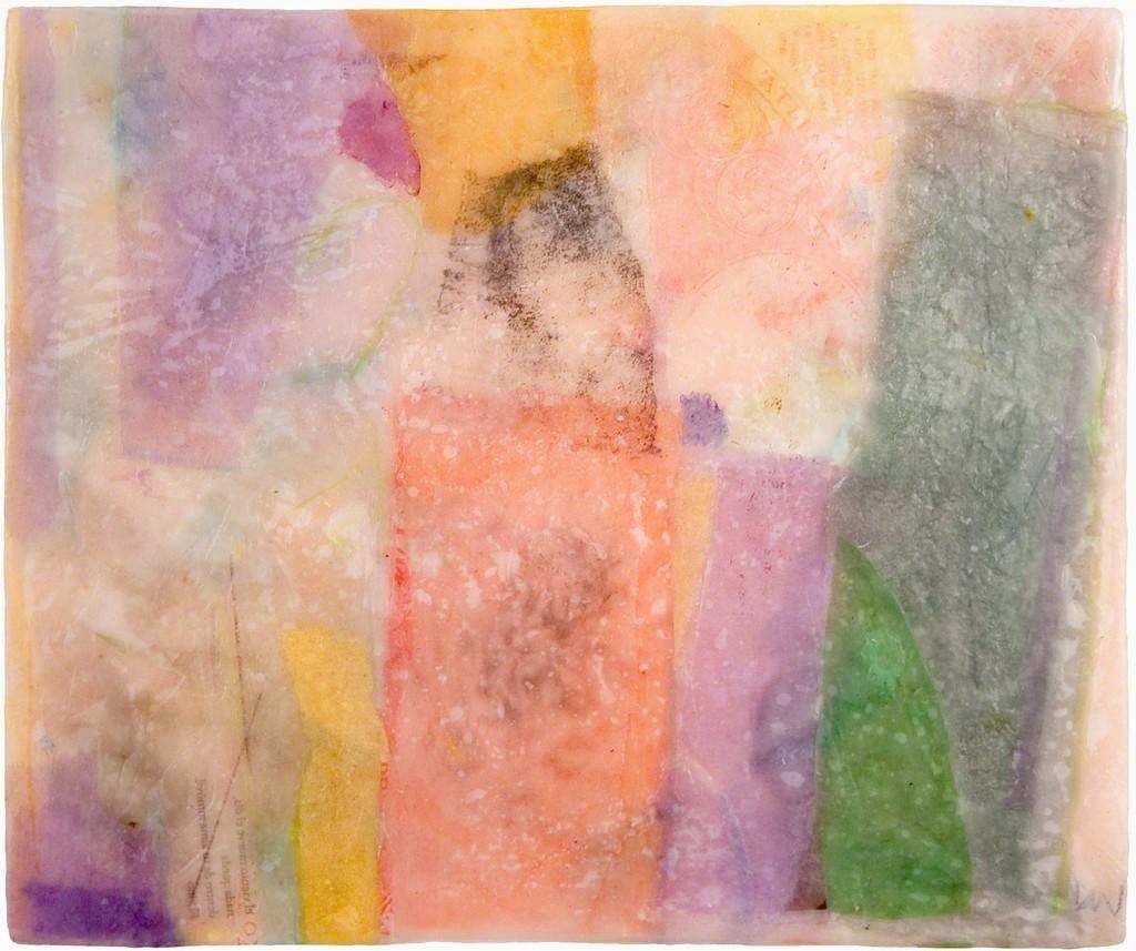 Deborah Winiarski Abstract Painting - "Sometimes Not" Mixed-Media Encaustic Painting in Yellow, Purple, and Green 