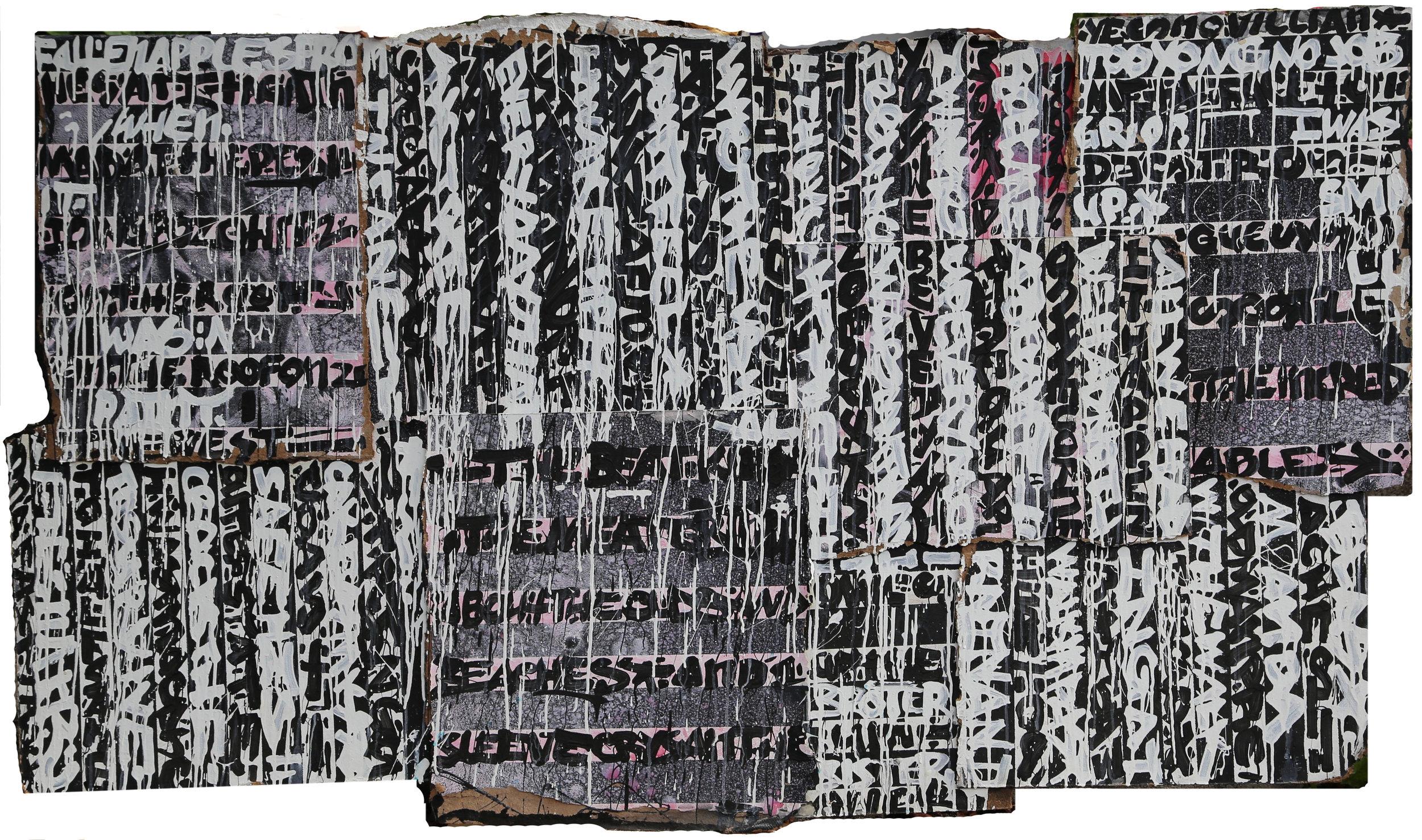 Matthew Spire Abstract Painting - "Doom Lyrics" Graffiti Text-based Collage Painting in Black and White