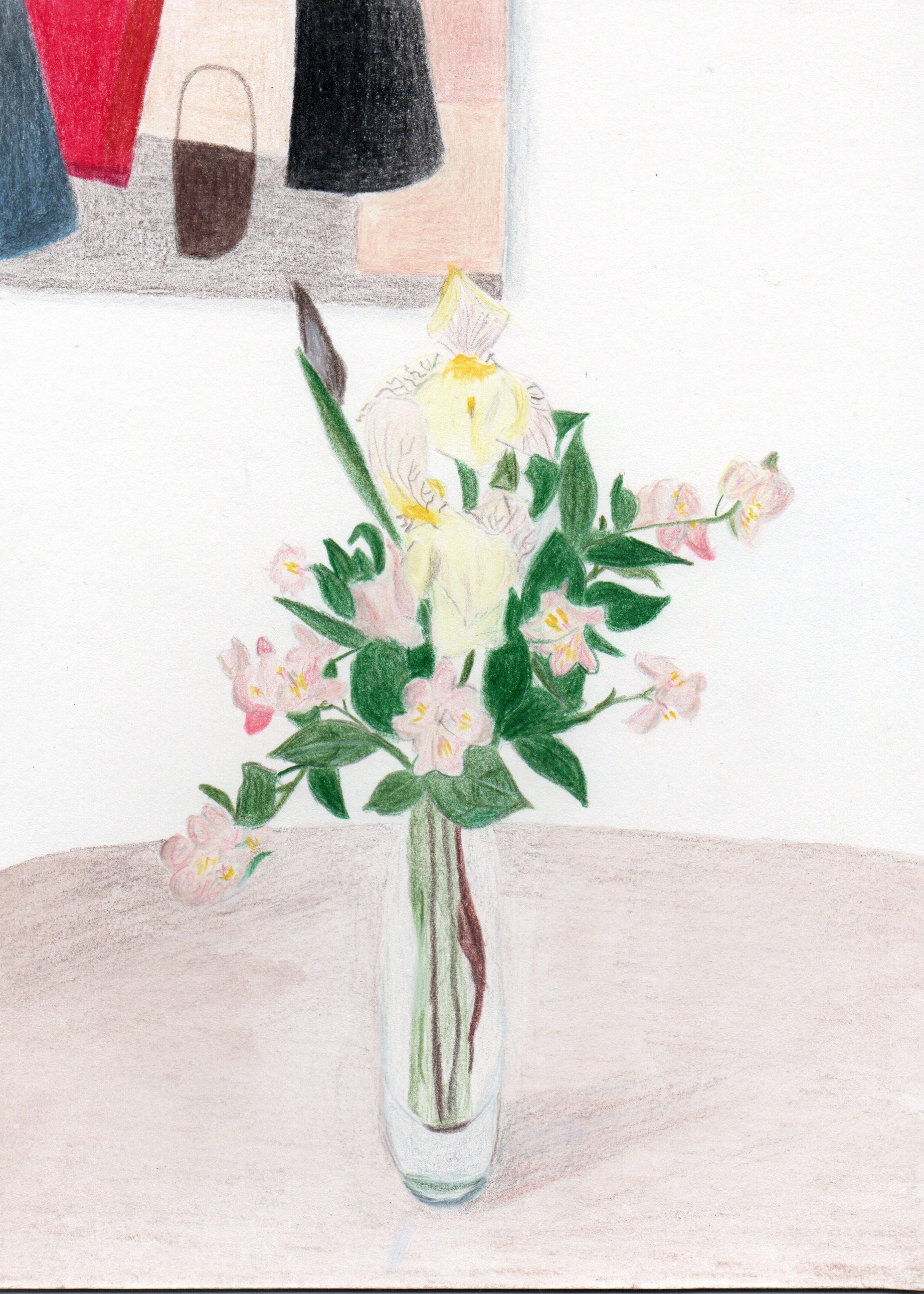 Gabriel Riesnert Landscape Art – Seringa mit Vase – Bunte Bleistifte, Blumen, Inneneinrichtung