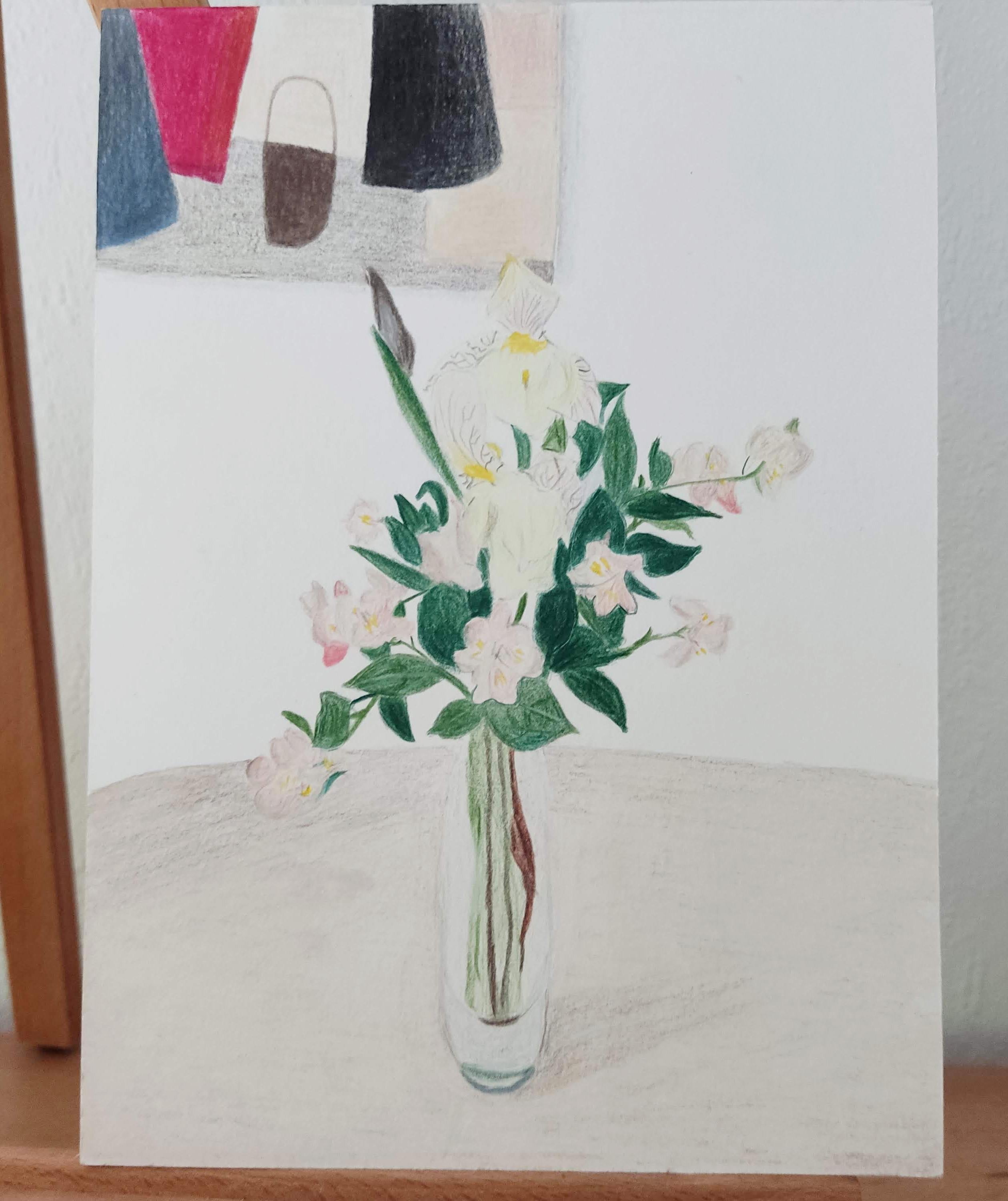 Seringa mit Vase – Bunte Bleistifte, Blumen, Inneneinrichtung – Art von Gabriel Riesnert