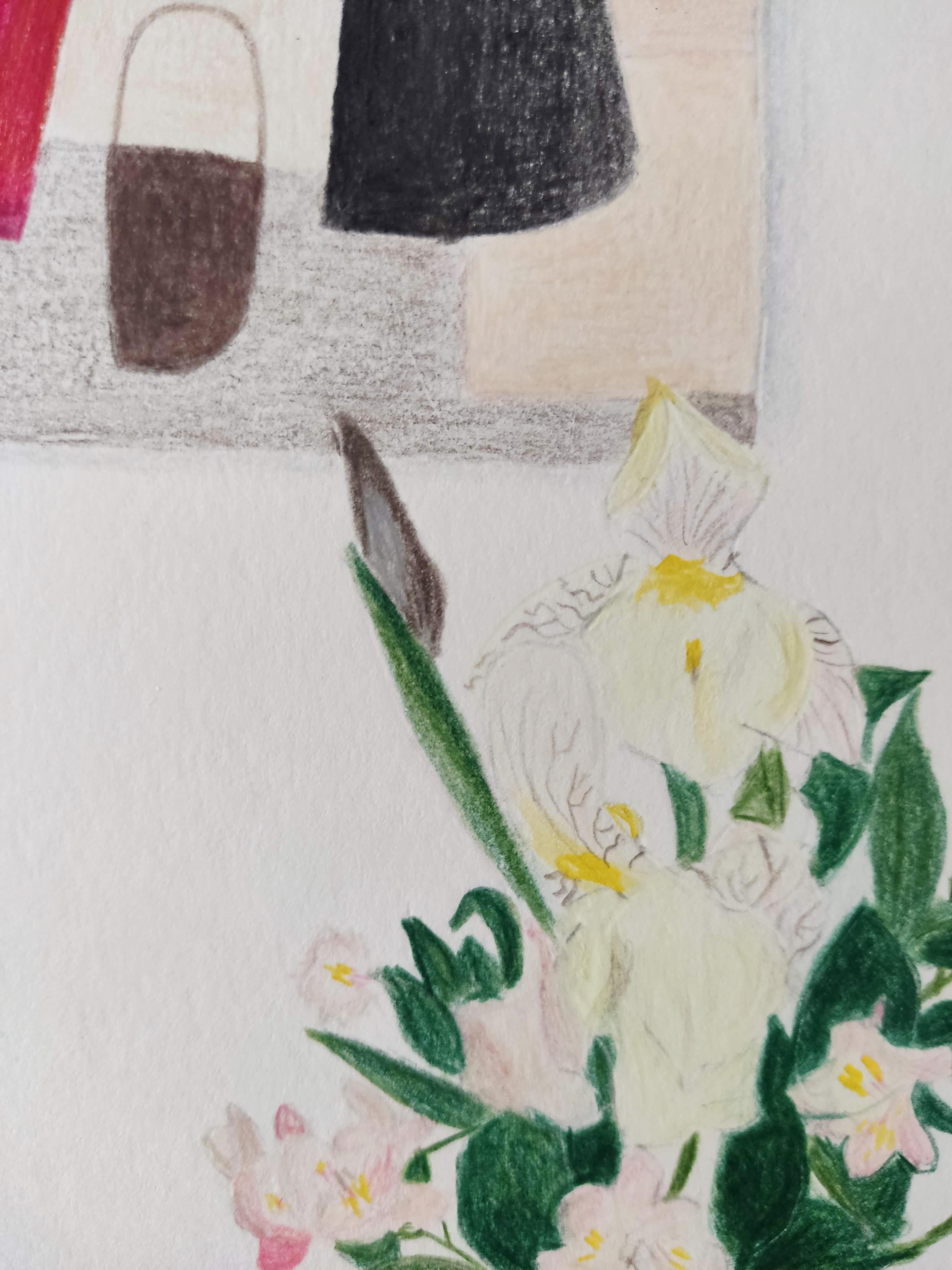 Seringa with Vase - Colored Pencils, Flowers, Interior - Beige Landscape Art by Gabriel Riesnert