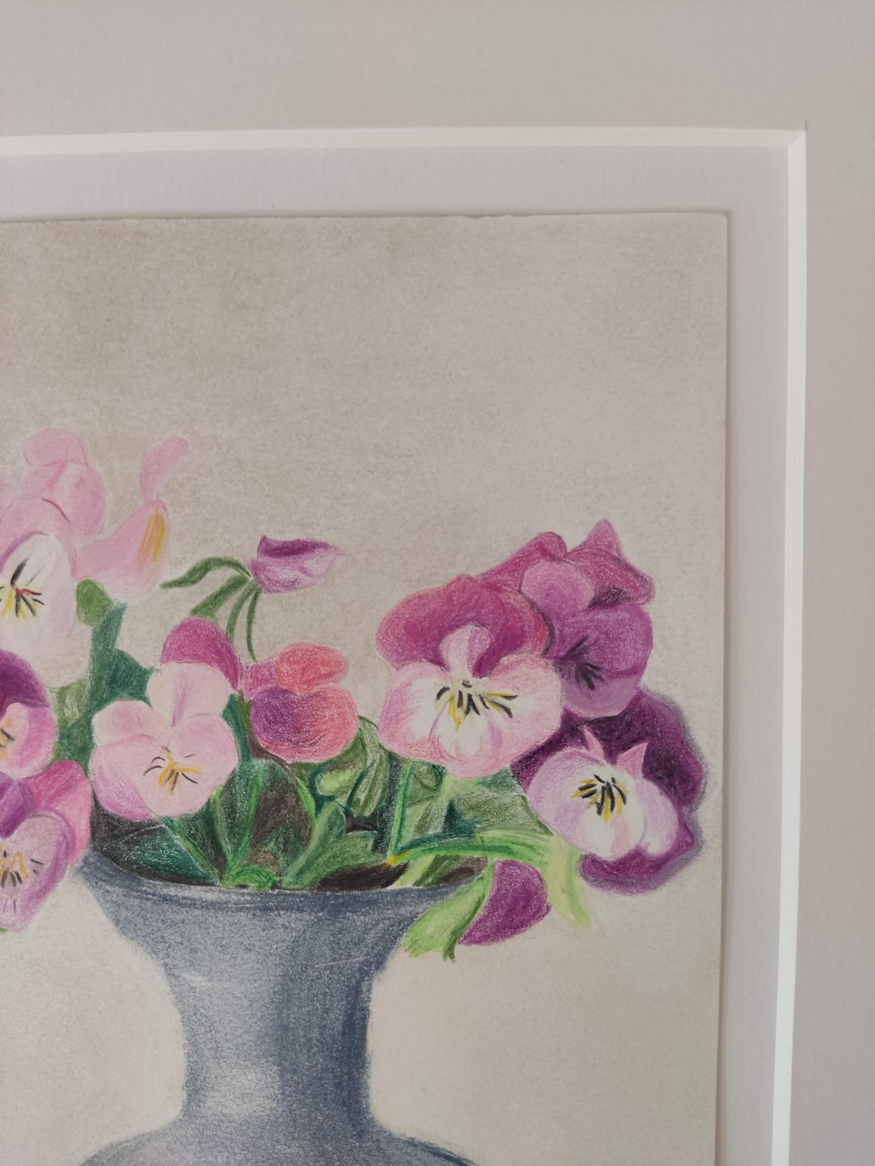 Pansy with Vase - Original Drawing, Pastel, flowers, Interior For Sale 1
