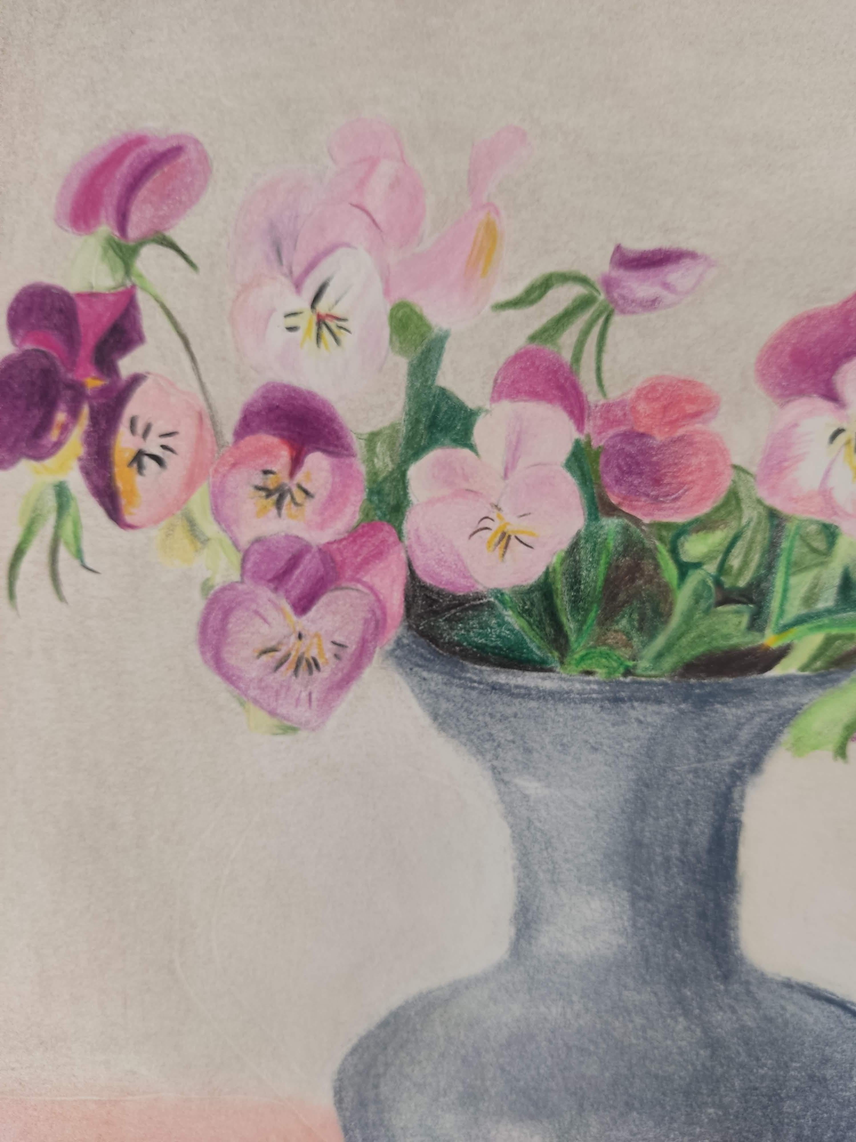 Pansy with Vase - Original Drawing, Pastel, flowers, Interior For Sale 2