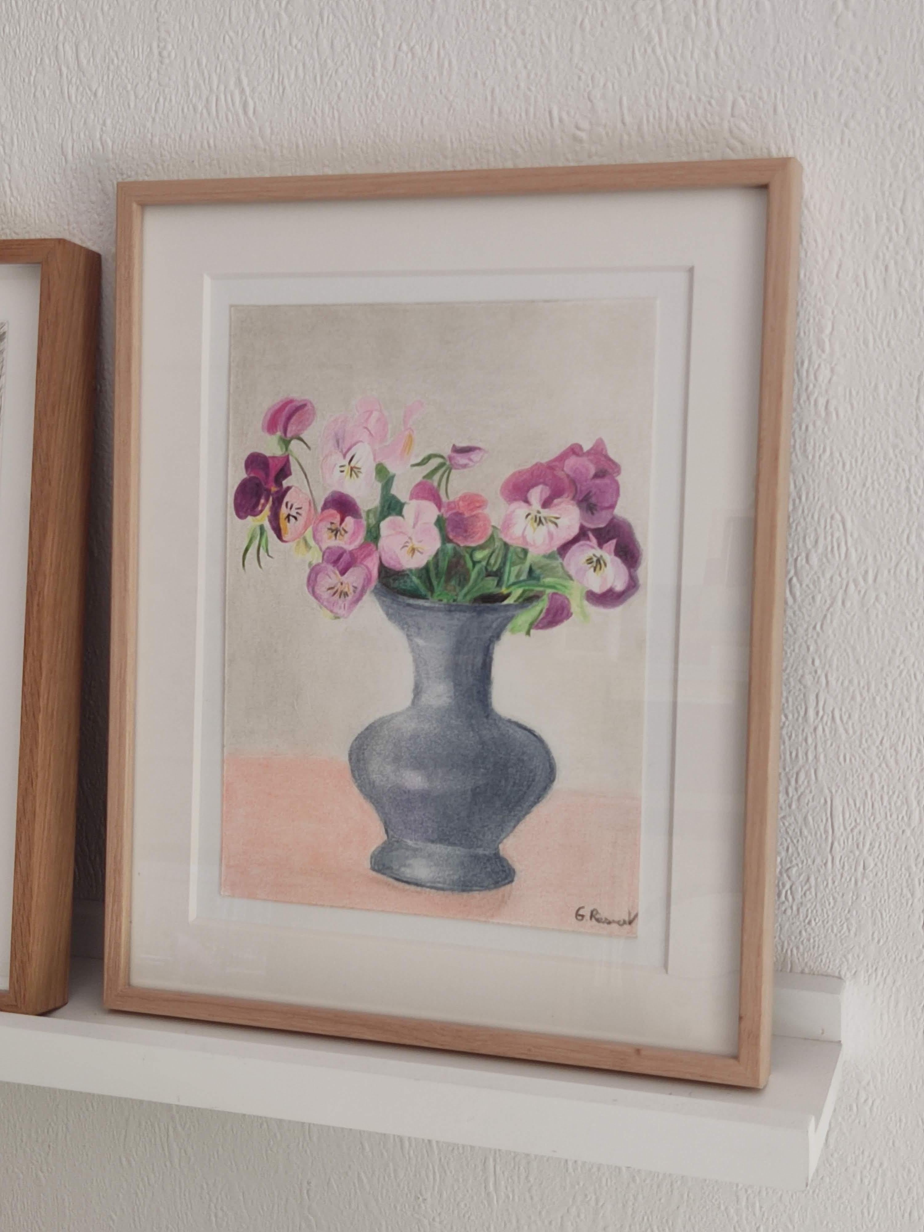 Pansy with Vase - Original Drawing, Pastel, flowers, Interior For Sale 2