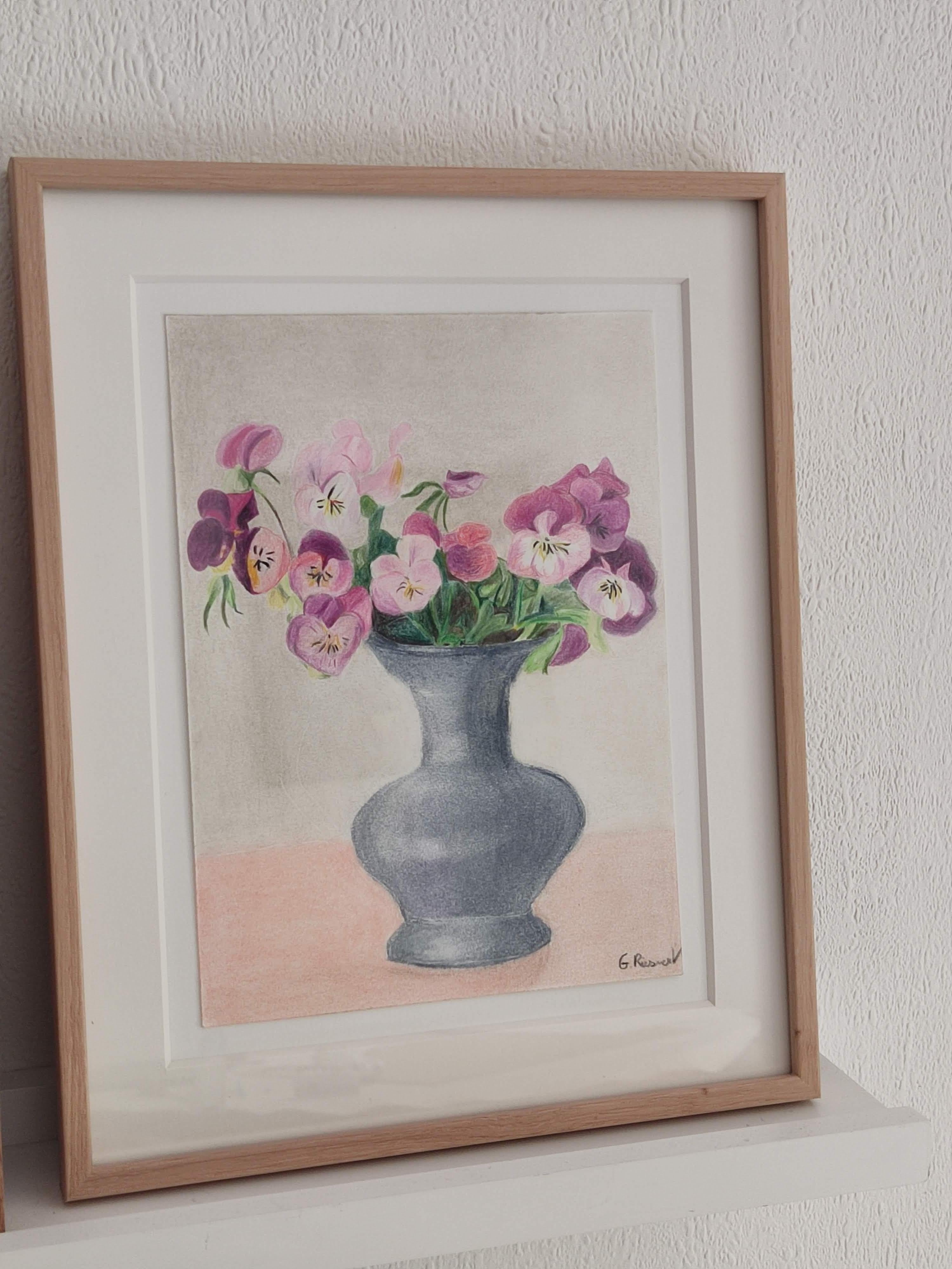 Pansy with Vase - Original Drawing, Pastel, flowers, Interior For Sale 4
