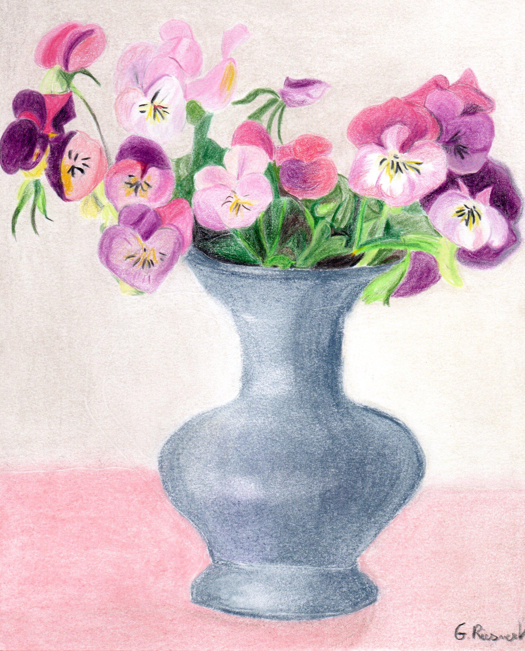 Gabriel Riesnert Interior Art - Pansy with Vase - Original Drawing, Pastel, flowers, Interior