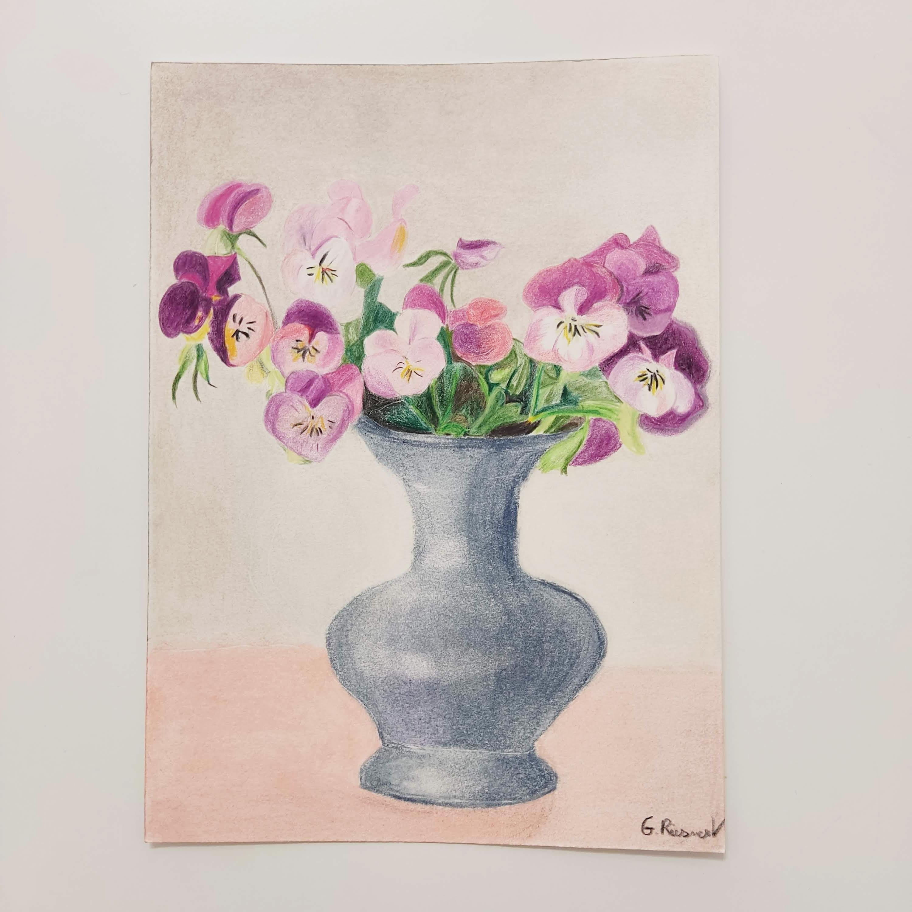 Pansy with Vase - Original Drawing, Pastel, flowers, Interior - Art by Gabriel Riesnert