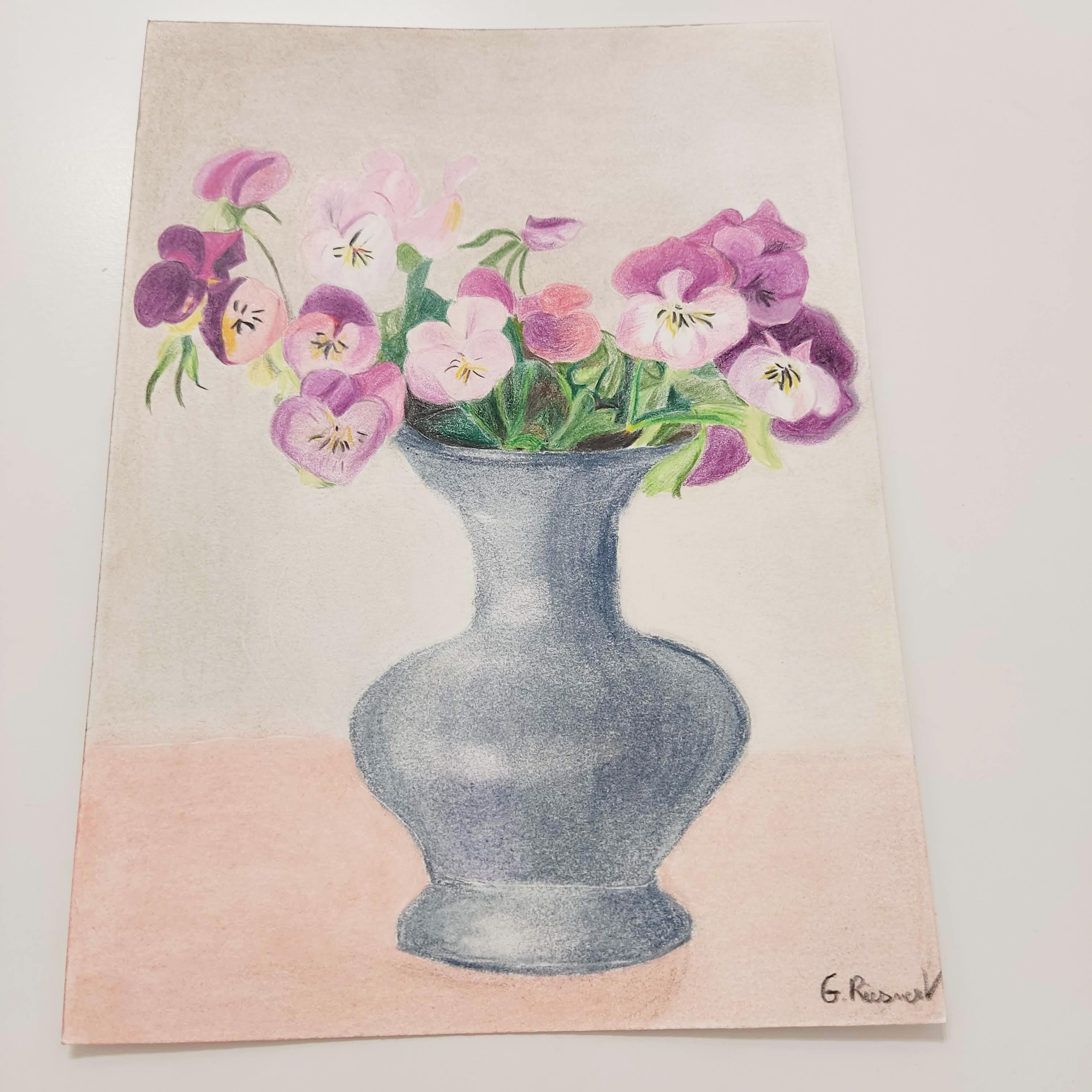 Pansy with Vase - Original Drawing, Pastel, flowers, Interior - Contemporary Art by Gabriel Riesnert