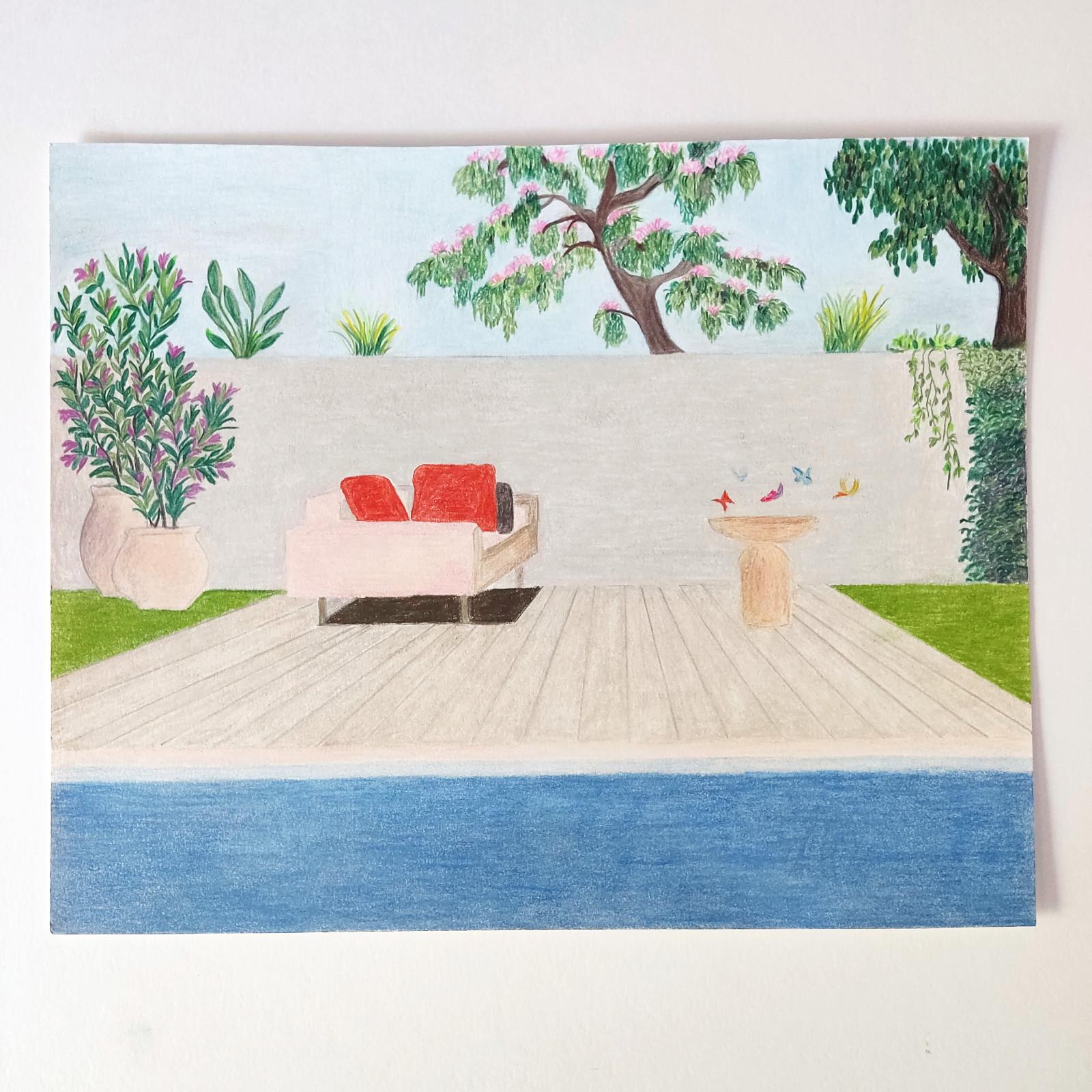 Jardin d'été, dessin original, pastel, jardin d'été, piscine - Art de Gabriel Riesnert