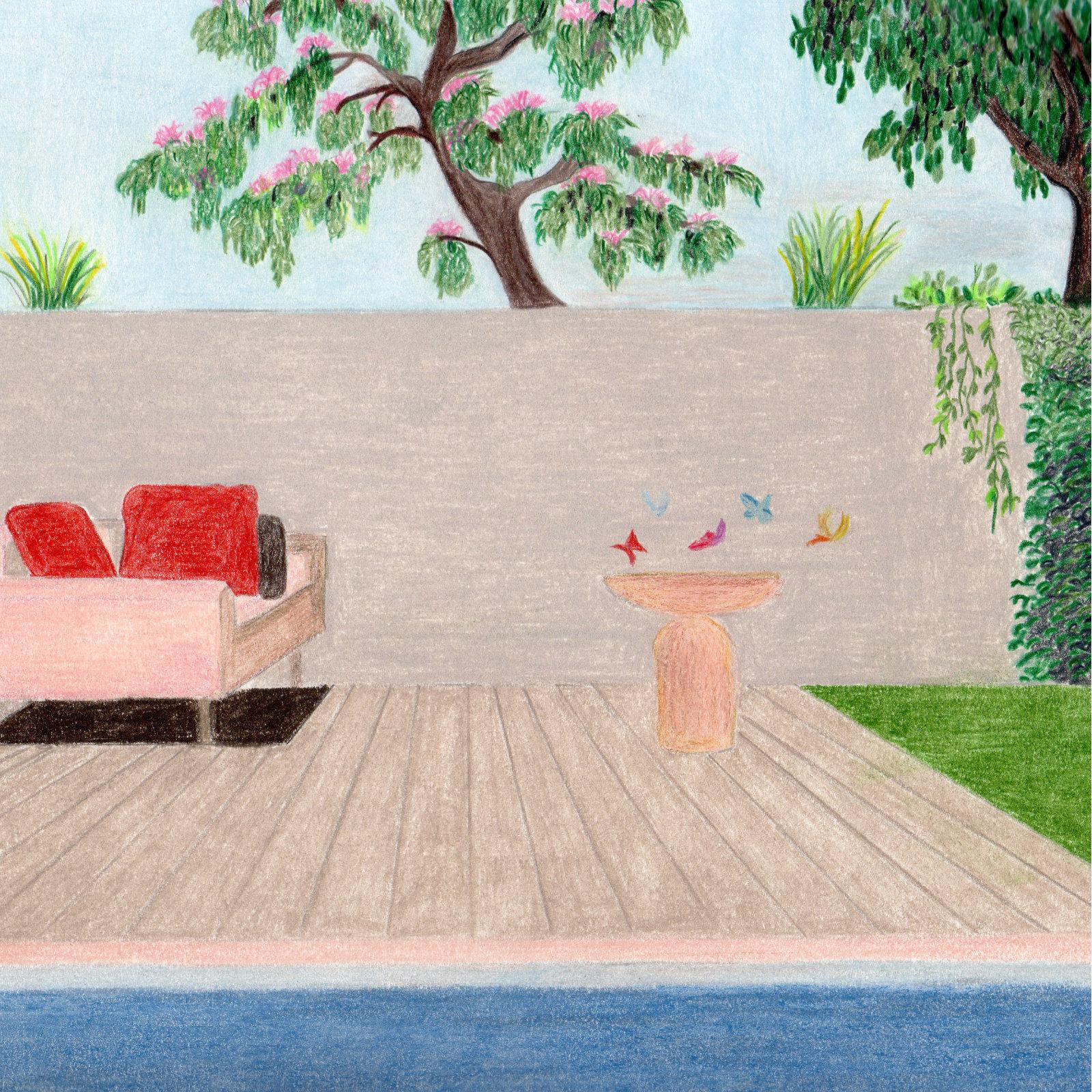 Jardin d'été, dessin original, pastel, jardin d'été, piscine - Contemporain Art par Gabriel Riesnert
