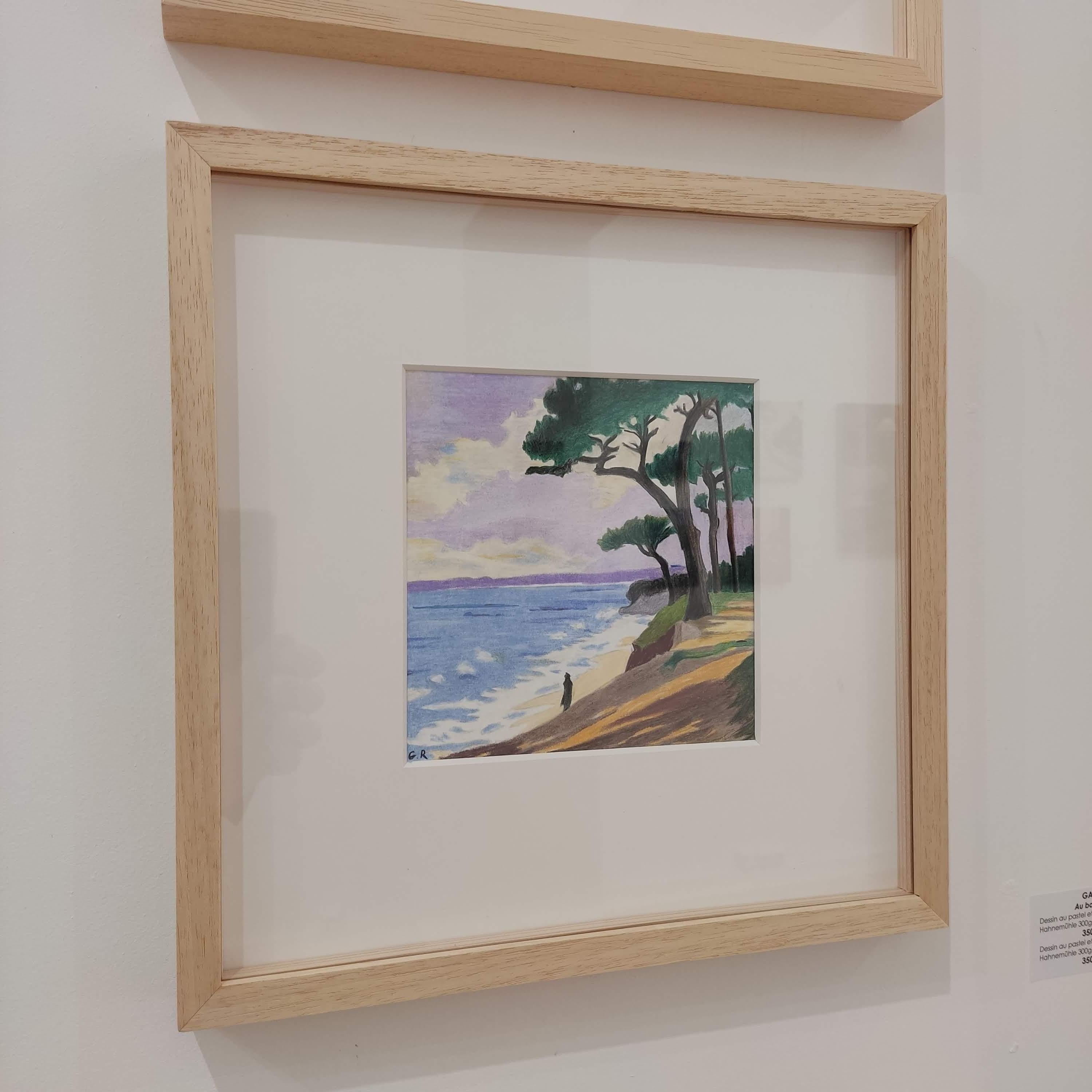 Au Bord de l'eau, Original Drawing, Pastel, Seascape, Trees along the seafront For Sale 1