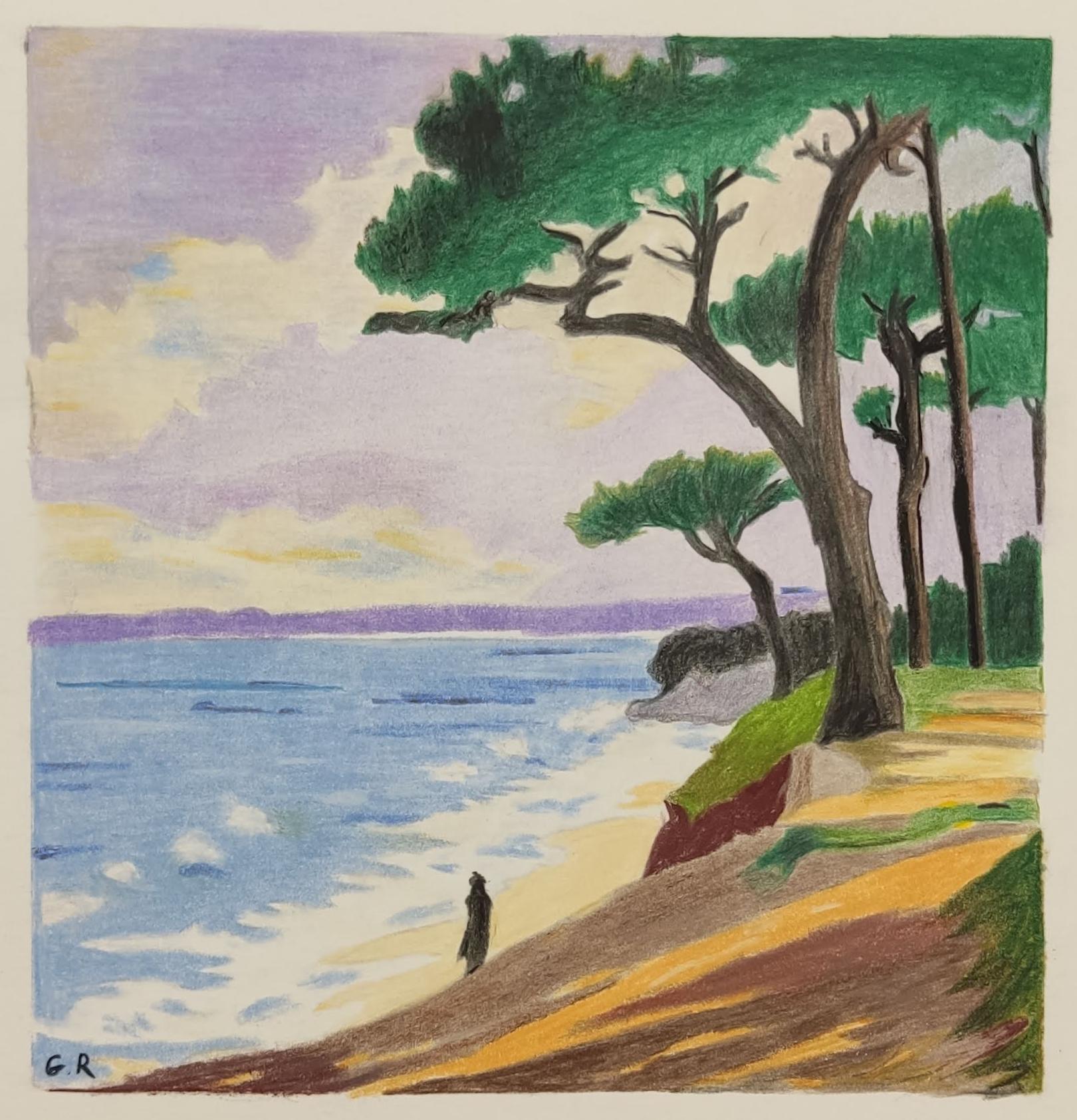 Au Bord de l'eau, Original Drawing, Pastel, Seascape, Trees along the seafront