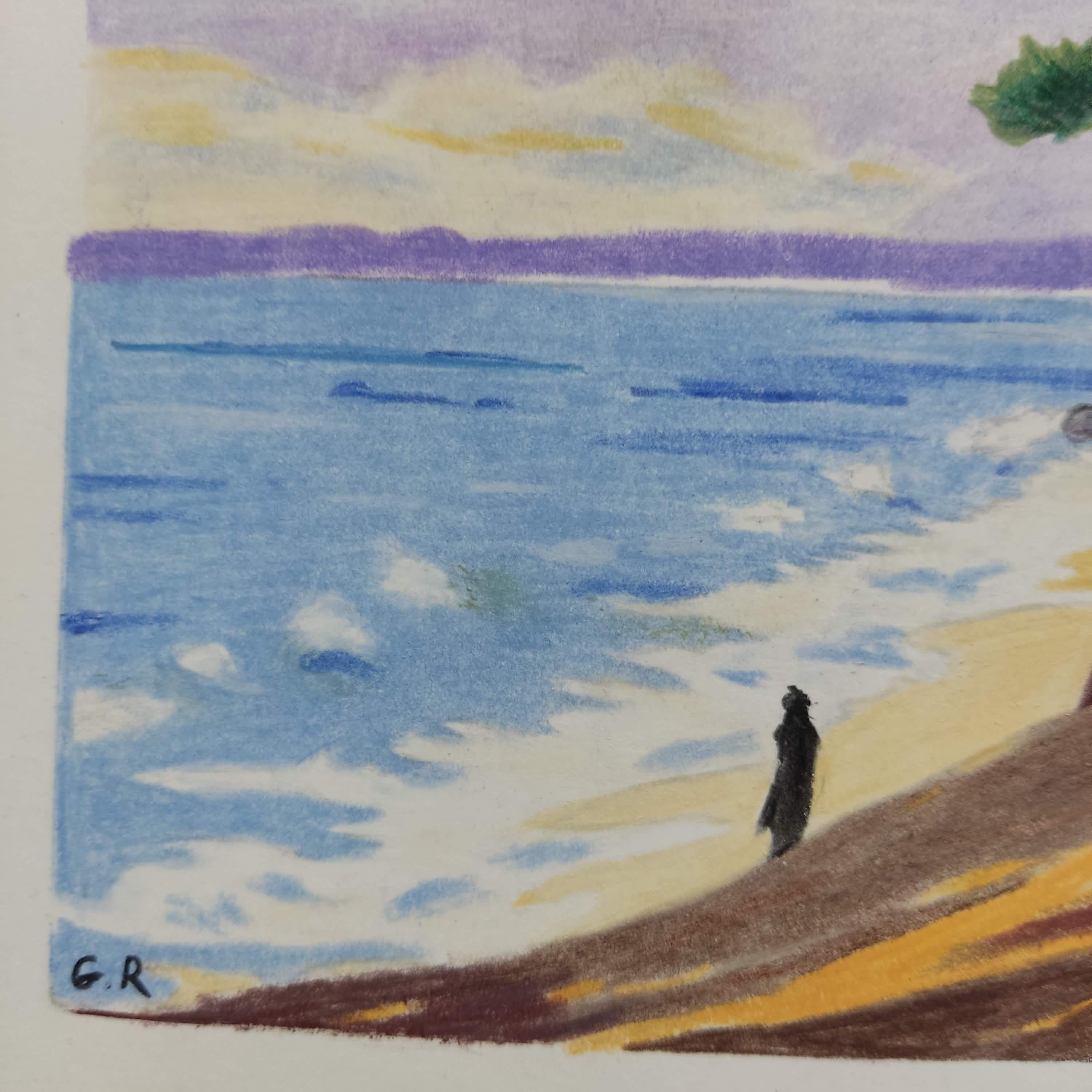 Au Bord de l'eau, Original Drawing, Pastel, Seascape, Trees along the seafront - Impressionist Art by Gabriel Riesnert