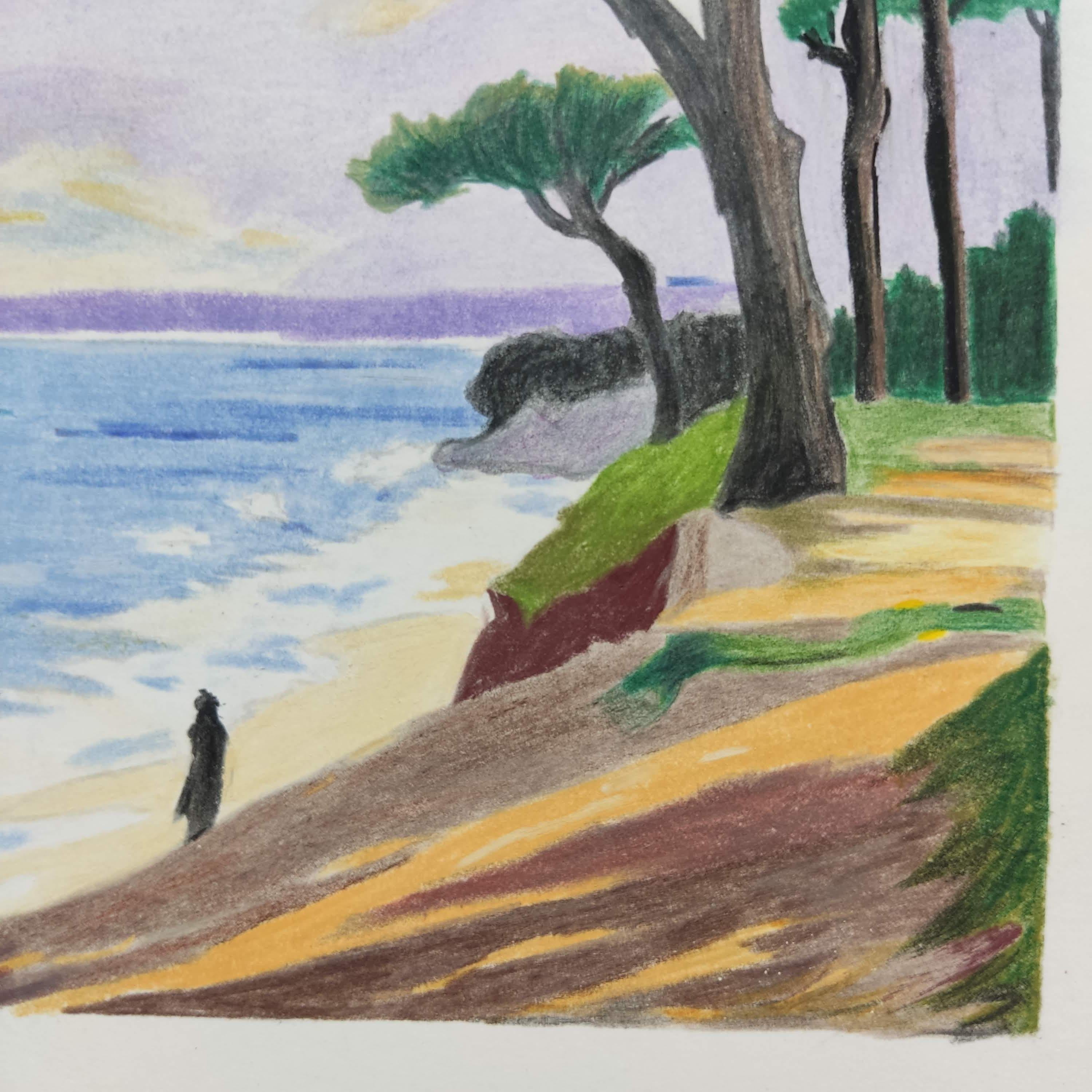 Au Bord de l'eau, Originalzeichnung, Pastell, Meereslandschaft, Bäume entlang des Hafens (Impressionismus), Art, von Gabriel Riesnert