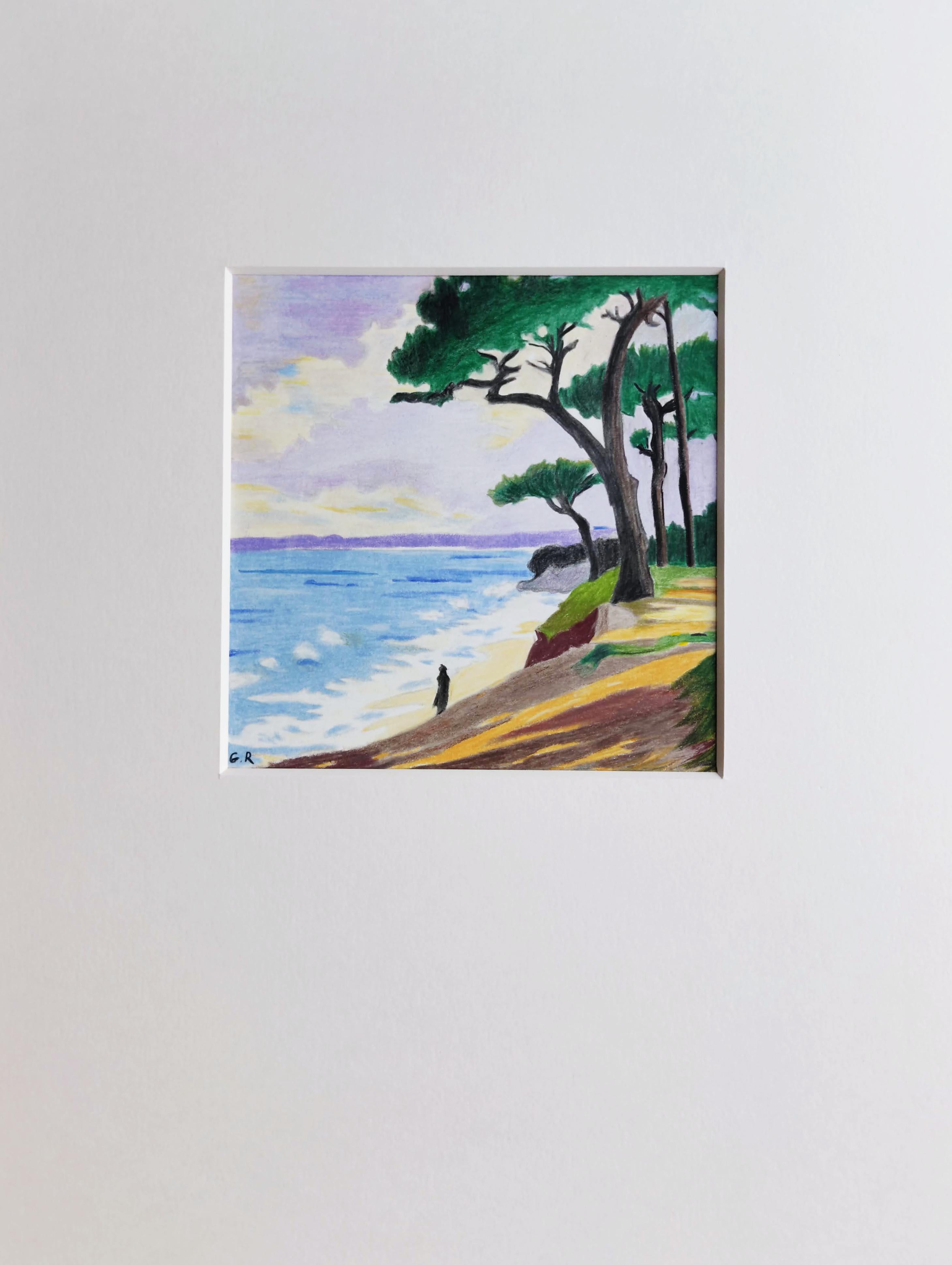 Au Bord de l'eau, Original Drawing, Pastel, Seascape, Trees along the seafront - Art by Gabriel Riesnert