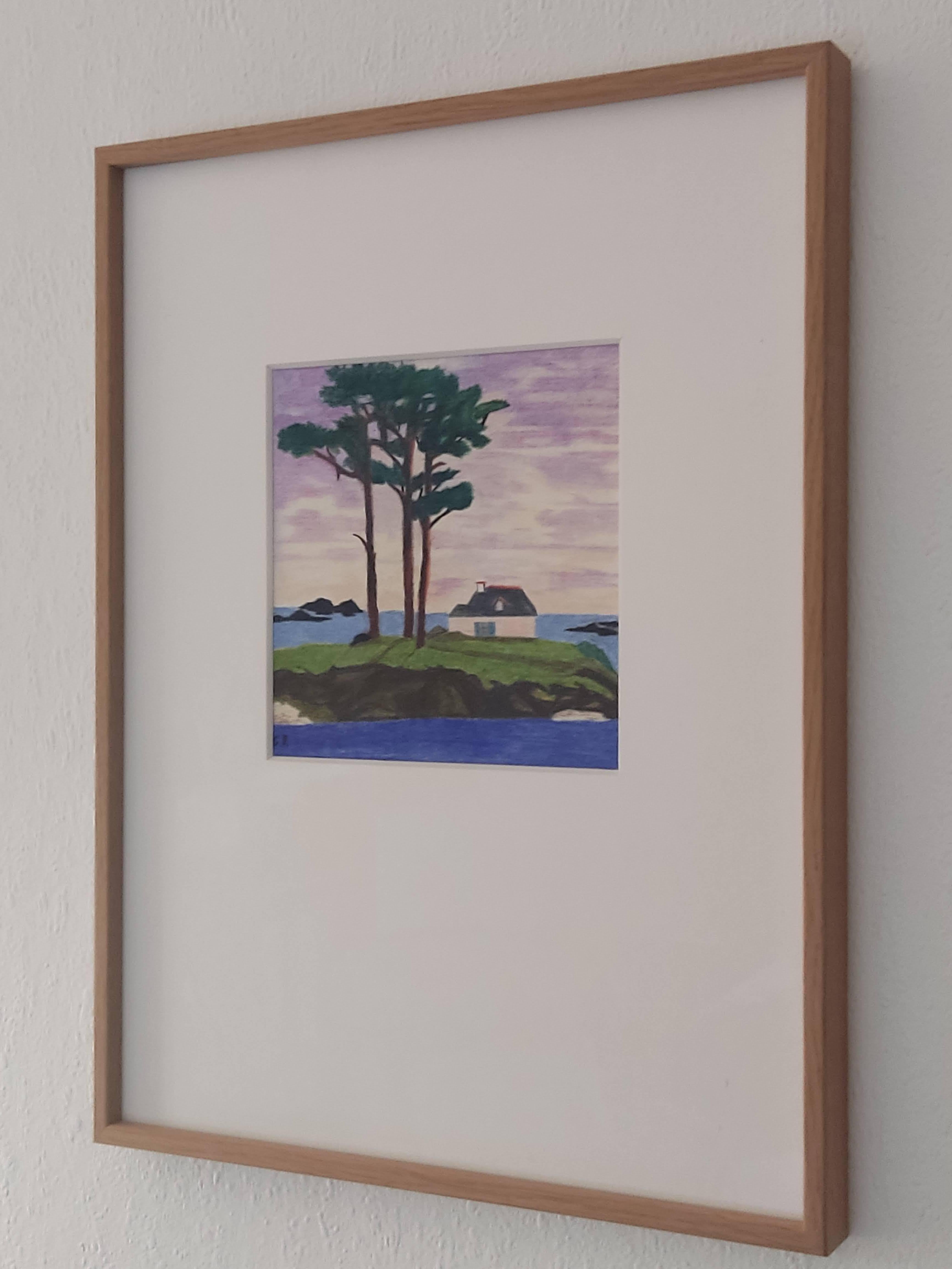 Au Bord de l'eau, Original Drawing, Pastel, Trees and House along the seafront For Sale 2