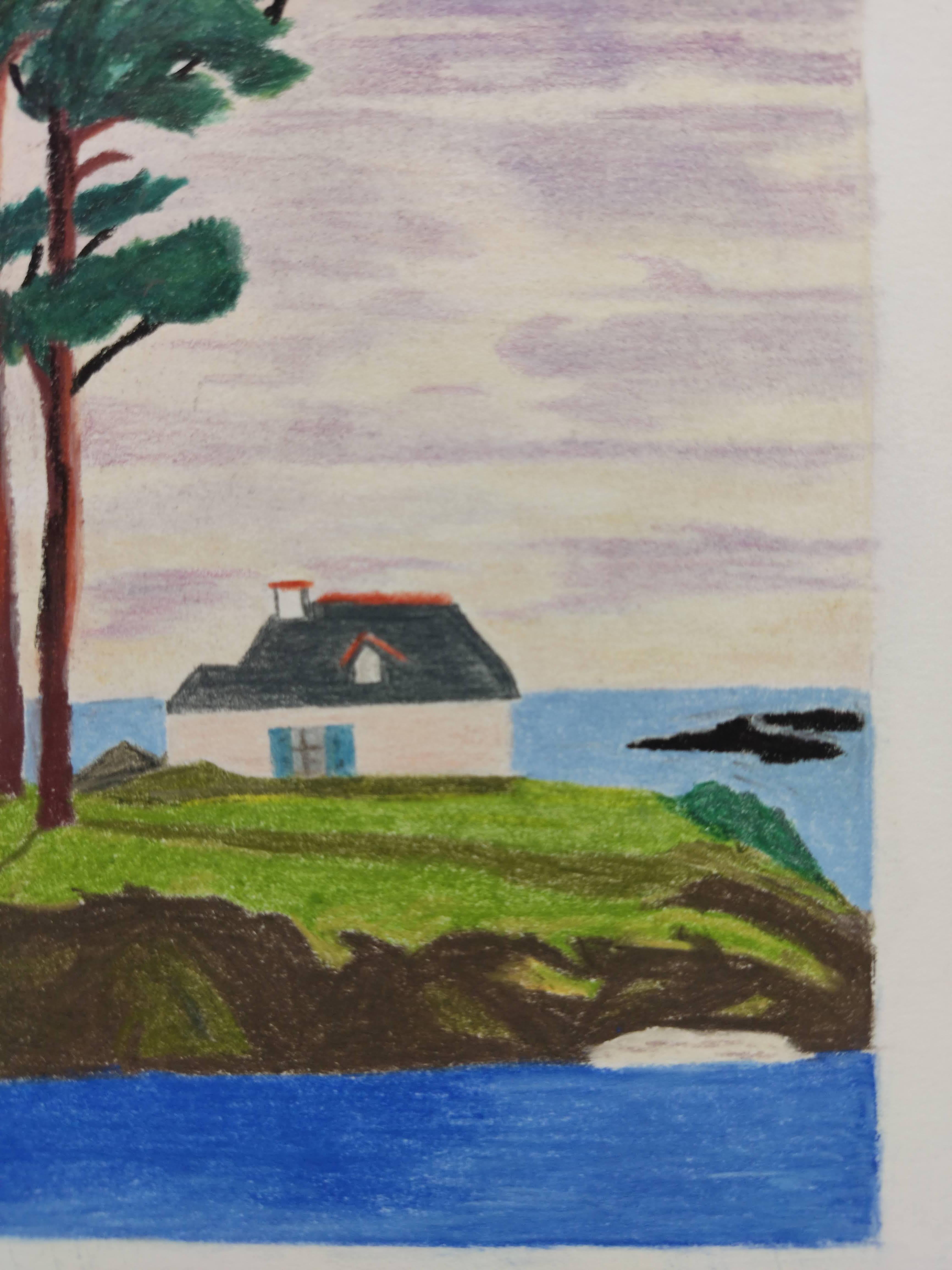 Au Bord de l'eau, Originalzeichnung, Pastell, Bäume und Haus entlang des Hafens (Grau), Figurative Art, von Gabriel Riesnert