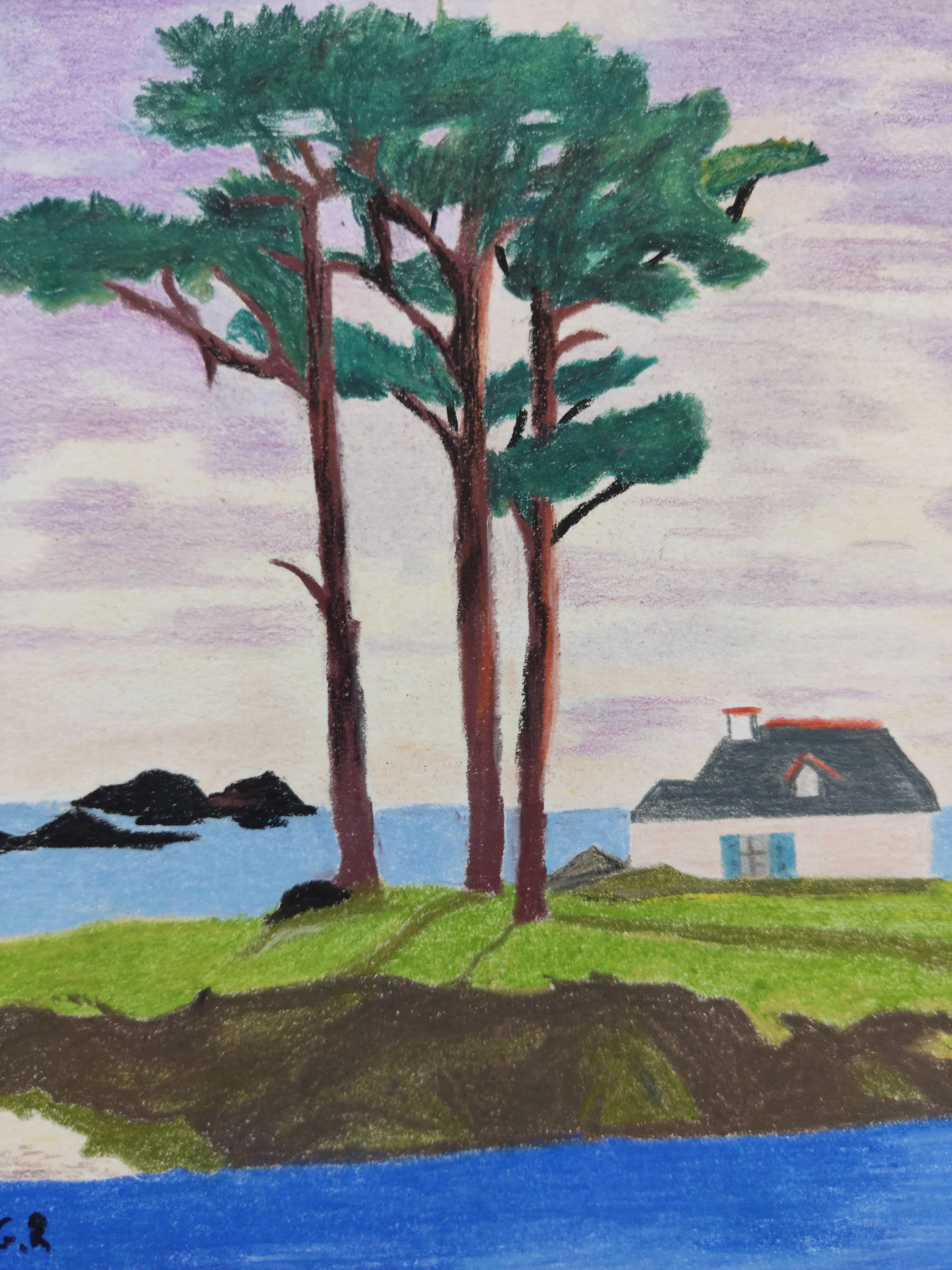 Au Bord de l'eau, Originalzeichnung, Pastell, Bäume und Haus entlang des Hafens (Impressionismus), Art, von Gabriel Riesnert